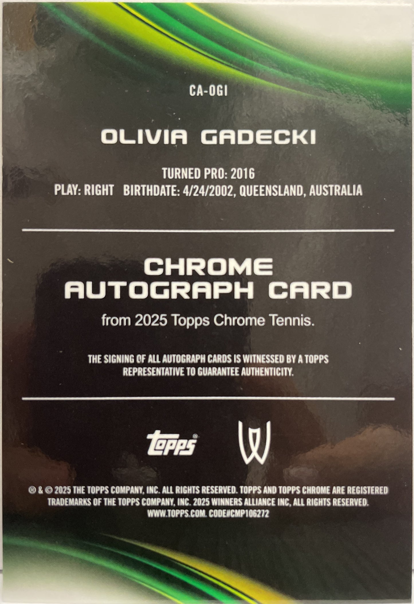 Olivia Gadecki Rookie Autograph Refractor Topps Chrome Tennis 2025