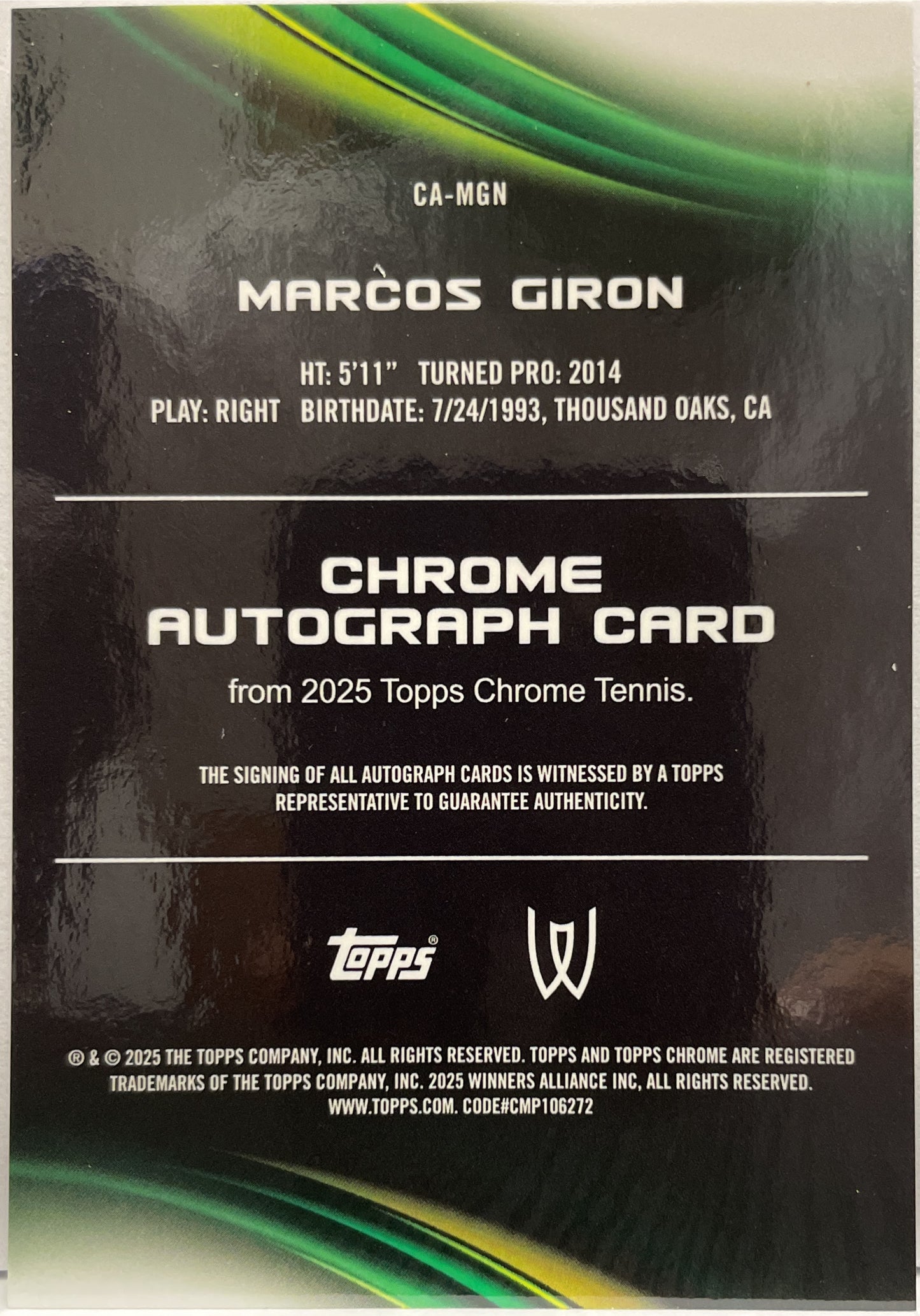 Marcos Giron Autograph Topps Chrome Tennis 2025