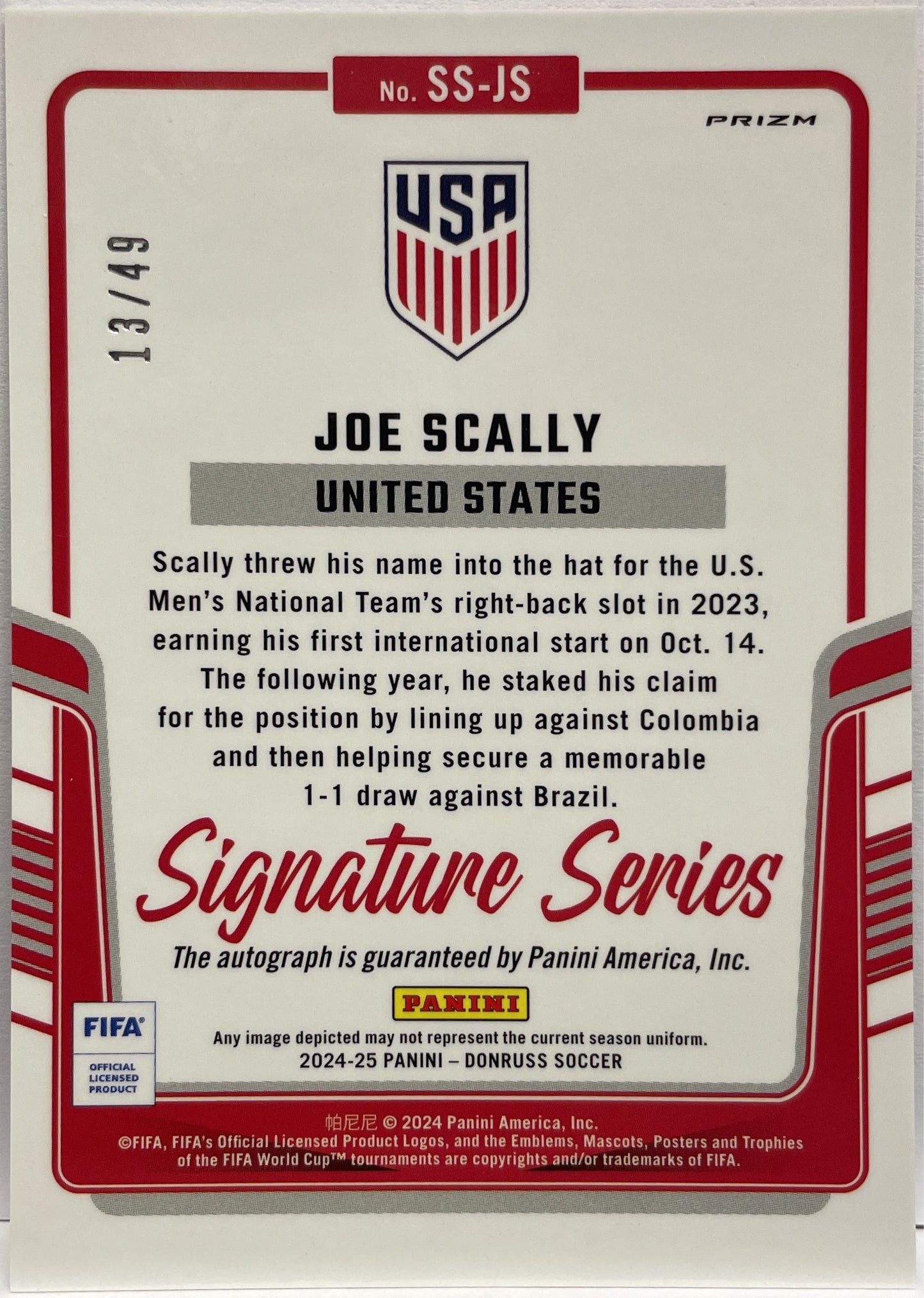 Joe Scally 13/49 Autograph Signature Series Red Donruss Fifa 2024/25