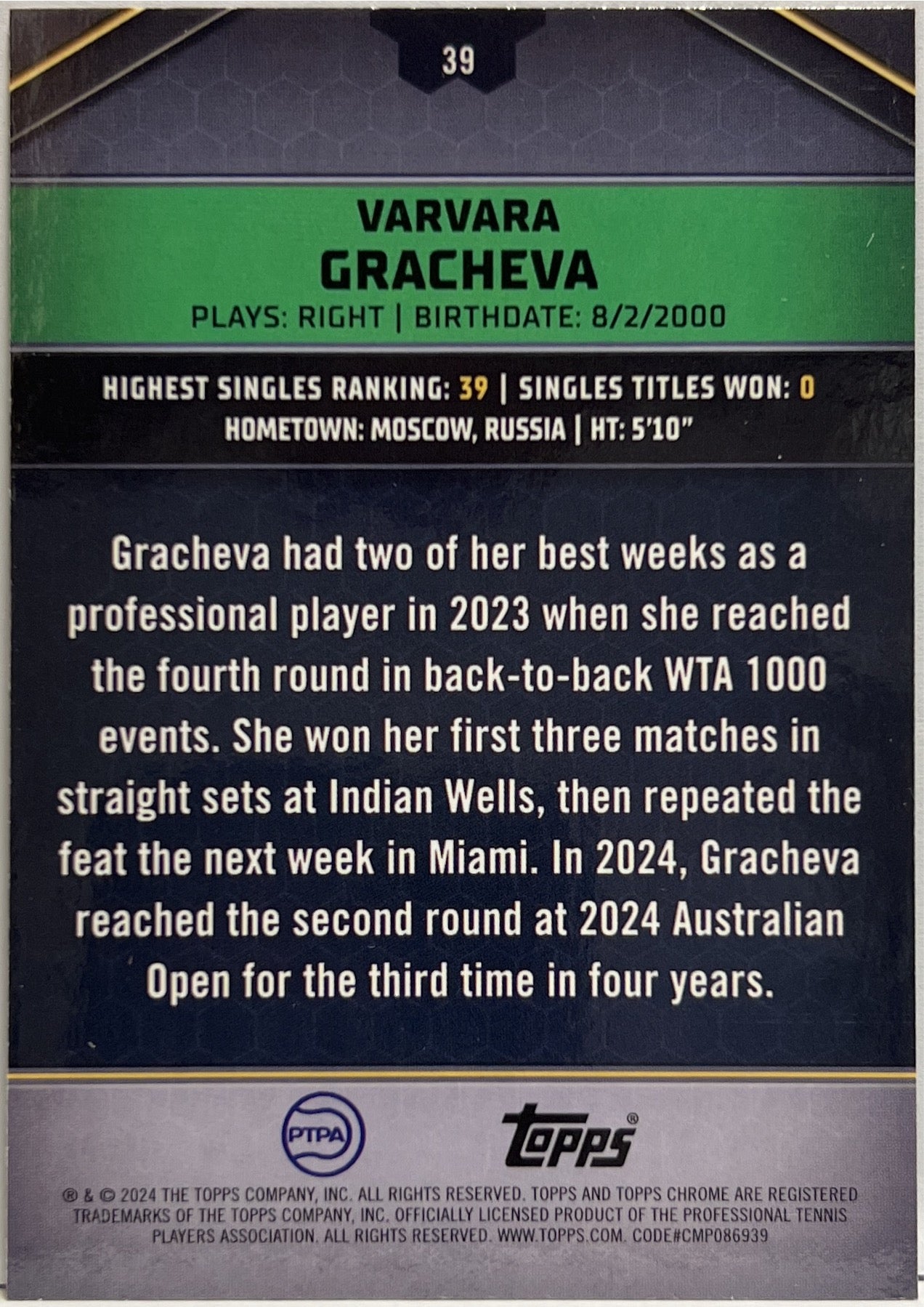 Varvara Gracheva 35/199 Green Topps Tennis Graphite 2024