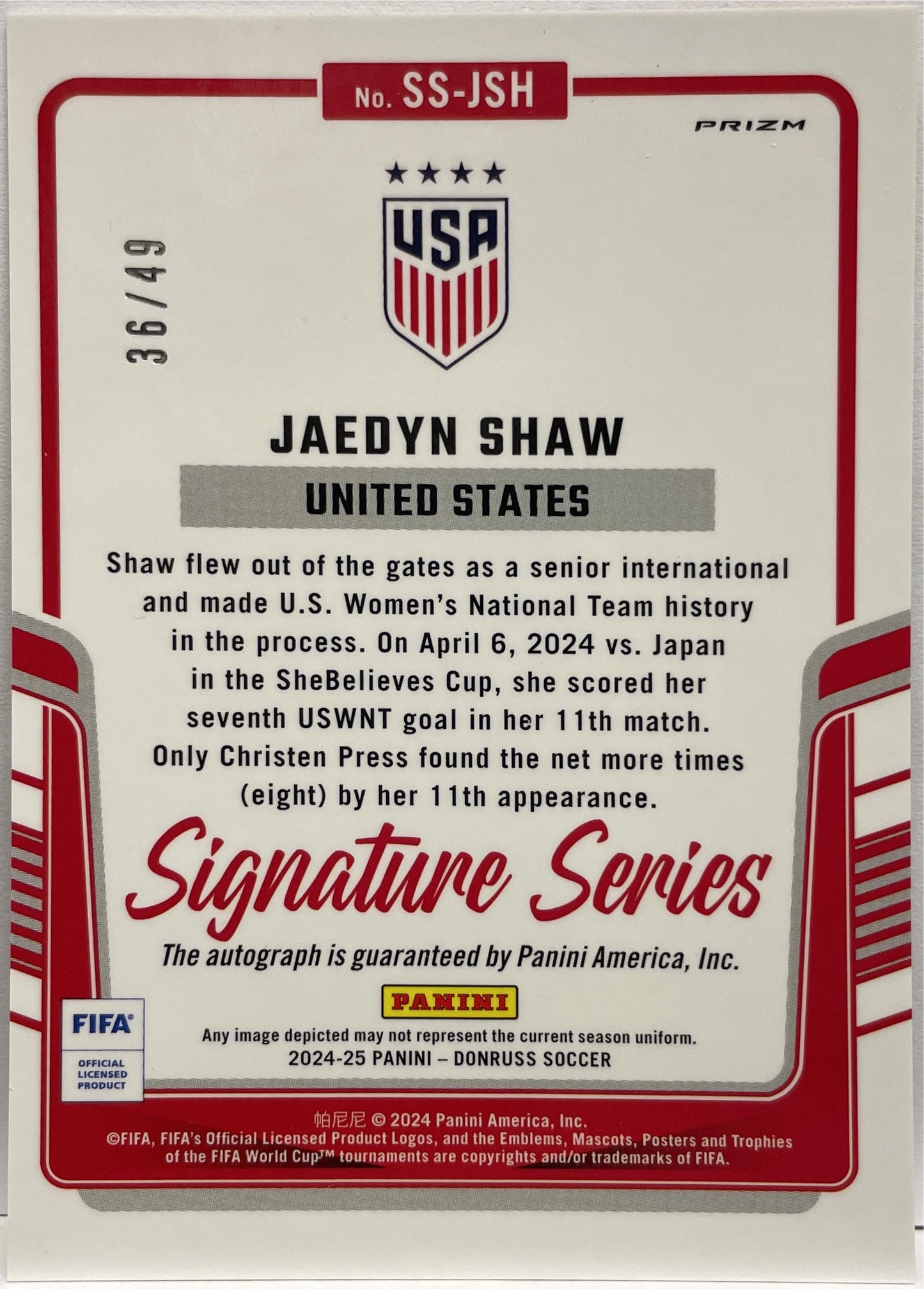 Jaedyn Shaw 36/49 Autograph Signature Series Red Donruss Fifa 2024/25