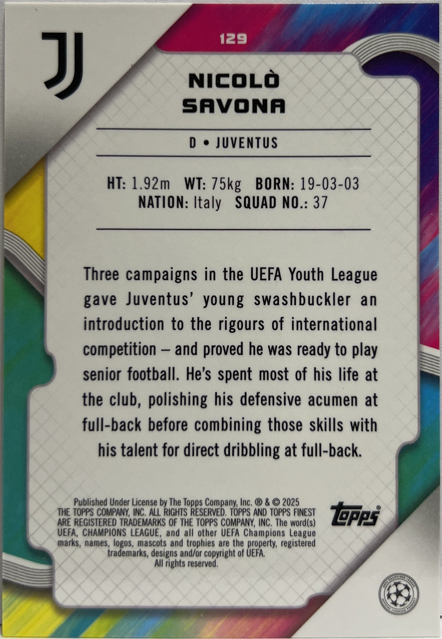 Nicolo Savona 4/125 Rookie Pink Prism Topps Finest UCC 2024/25