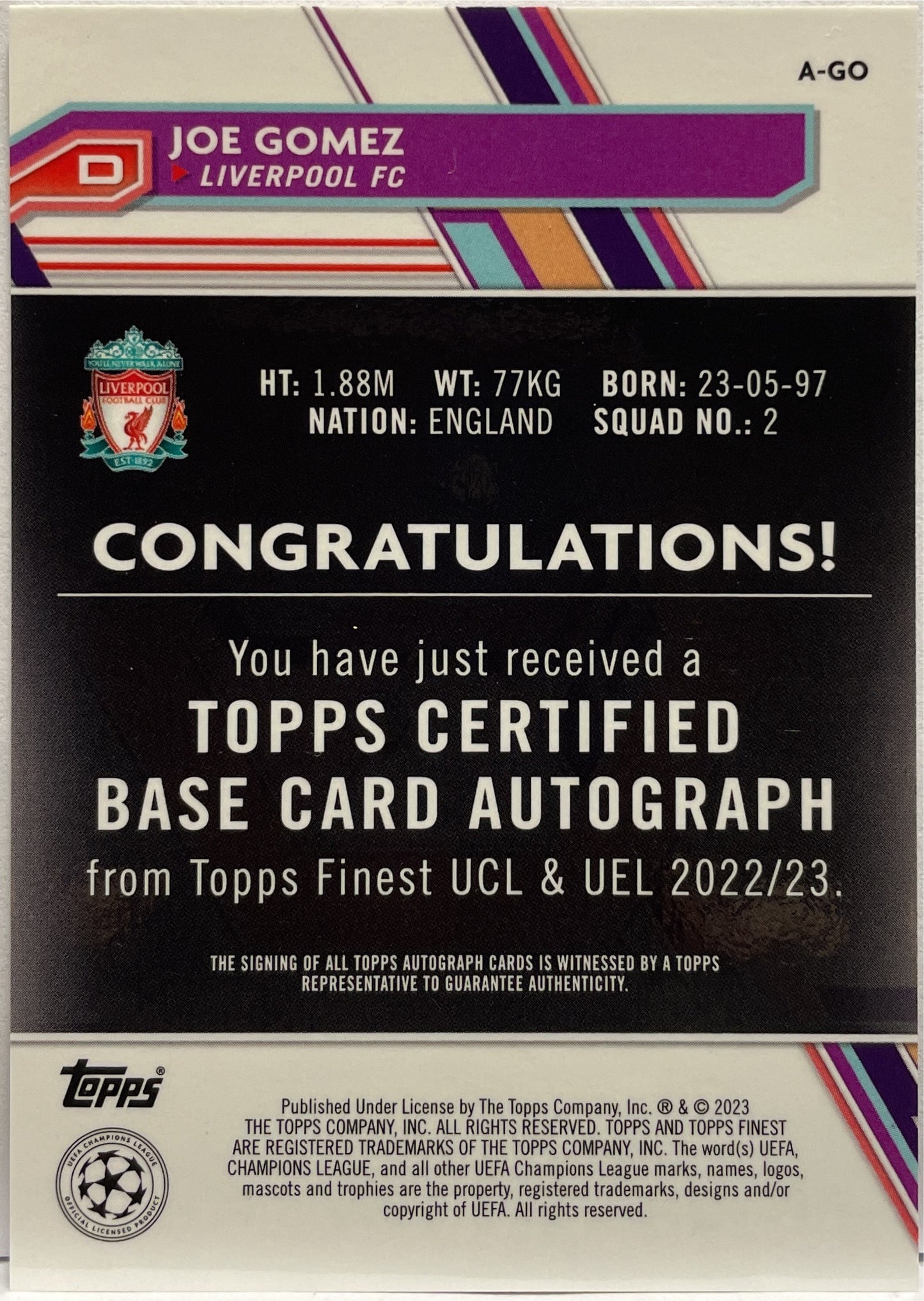 Joe Gomez 46/50 Autograph Gold Topps Finest UCC 2022/23