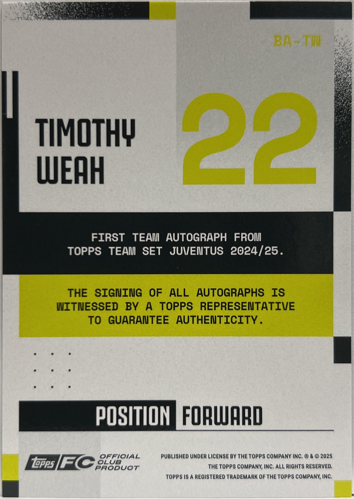 Timothy Weah 110/250 Autograph Topps Juventus Premium Team Set 2024/25