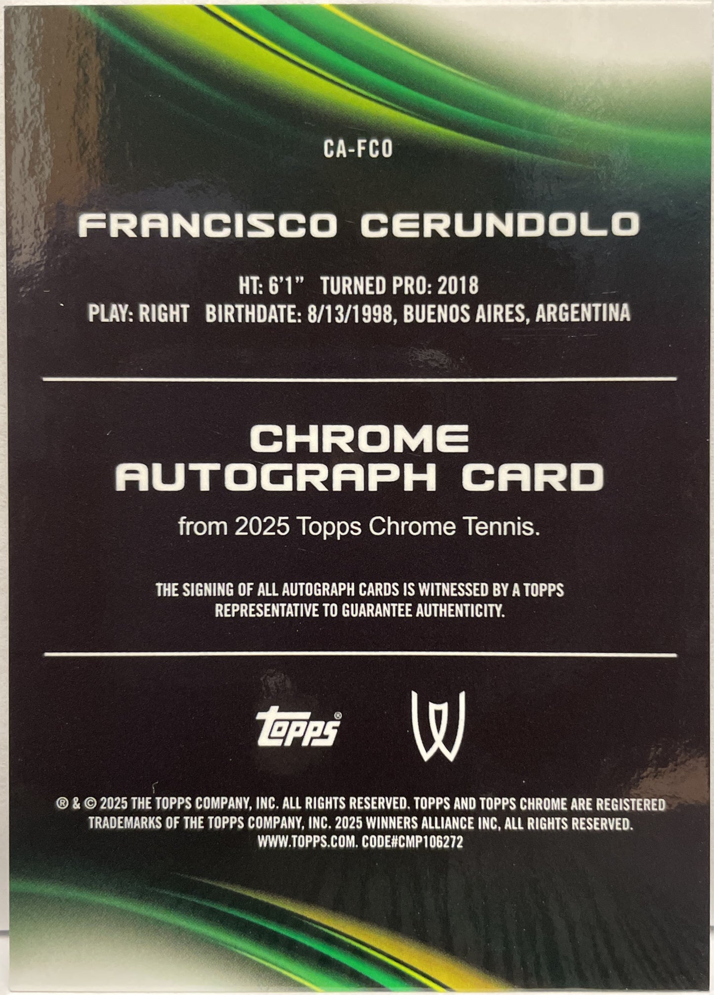 Francisco Cerundolo Autograph Geometric Topps Chrome Tennis 2025