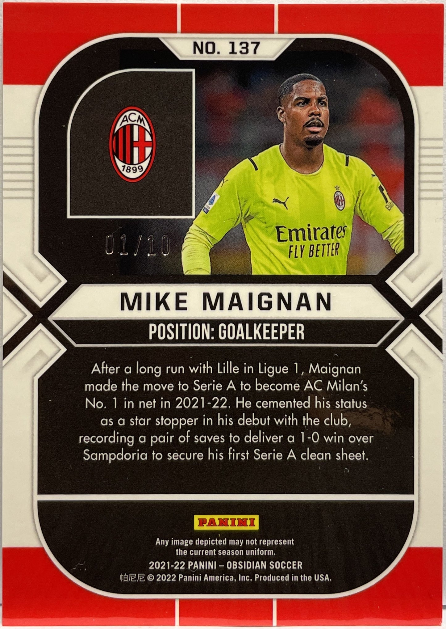 Mike Maignan 1/10 Rookie Yellow Panini Obsidian 2021/22