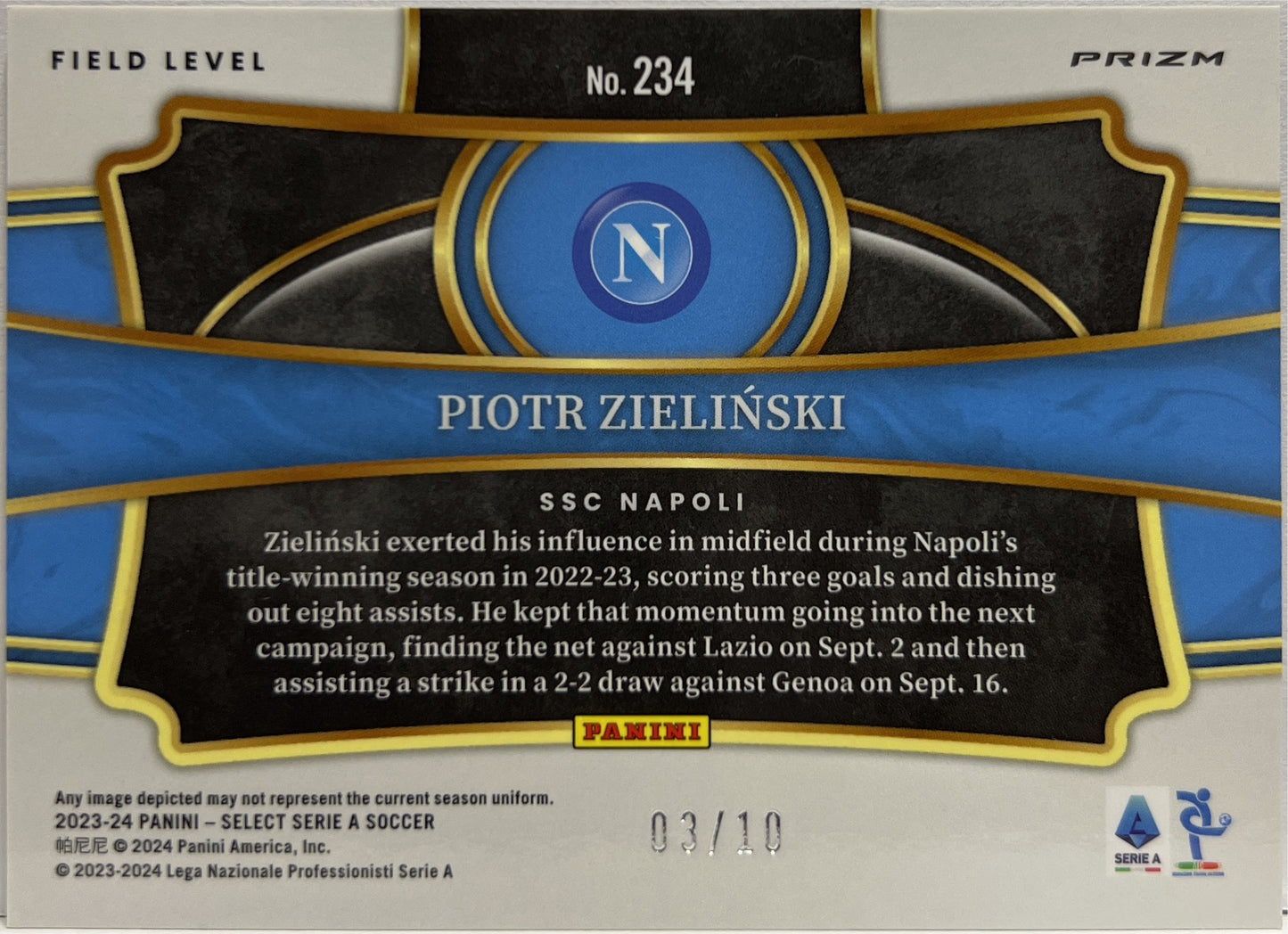Piotr Zielinski 3/10 Field Level Gold Select Serie A 2023/24