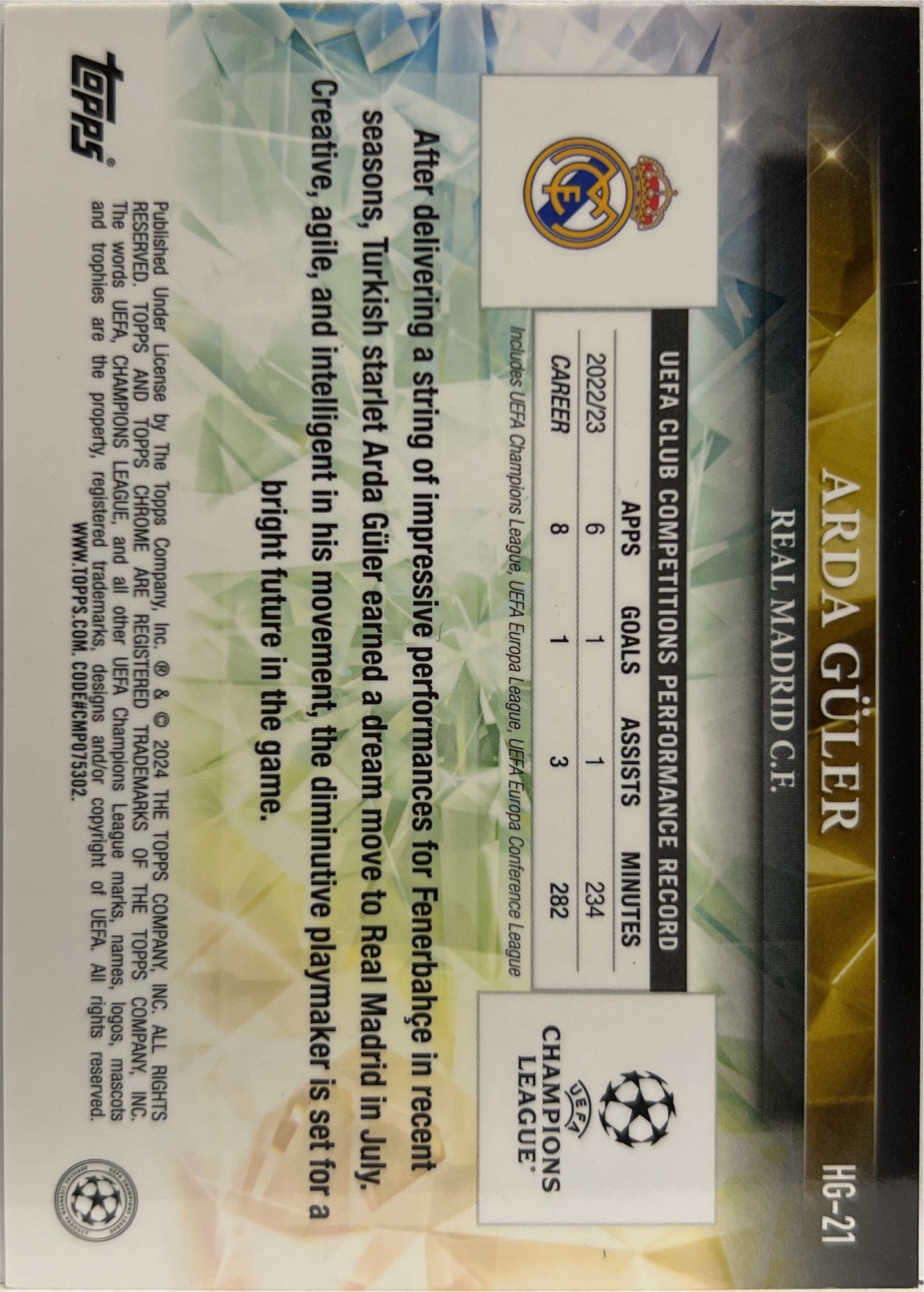 Arda Guler Hidden Gems Topps Chrome UCC 2023/24