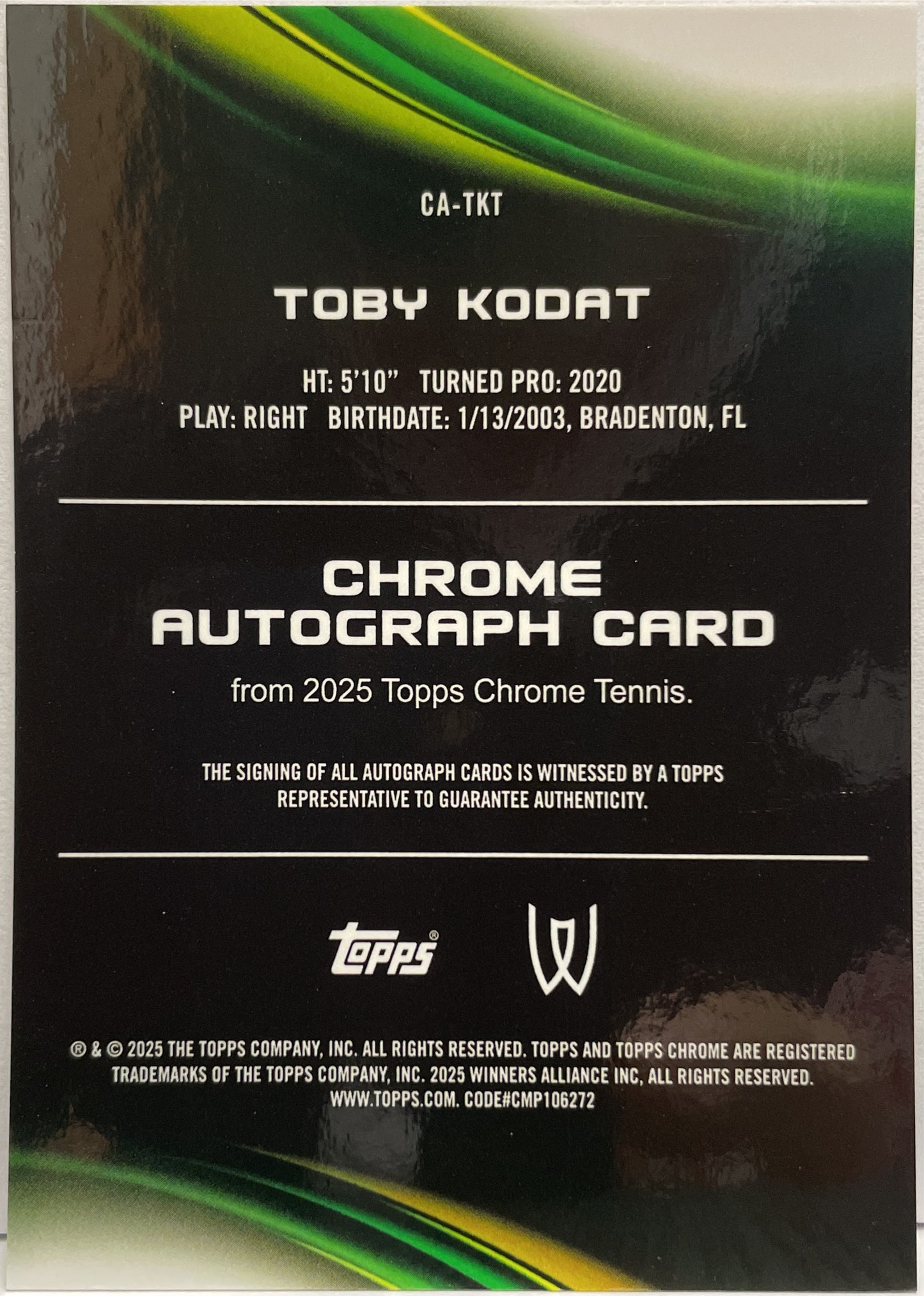 Toby Kodat 94/150 Autograph Blue Geometric Topps Chrome Tennis 2025