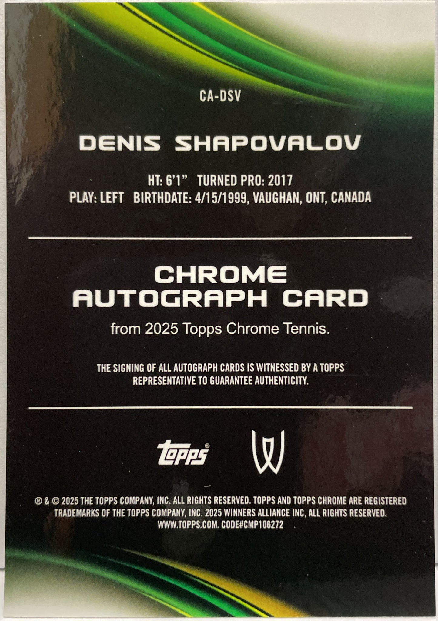 Denis Shapovalov 111/150 Autograph Blue Geometric Topps Chrome Tennis 2025