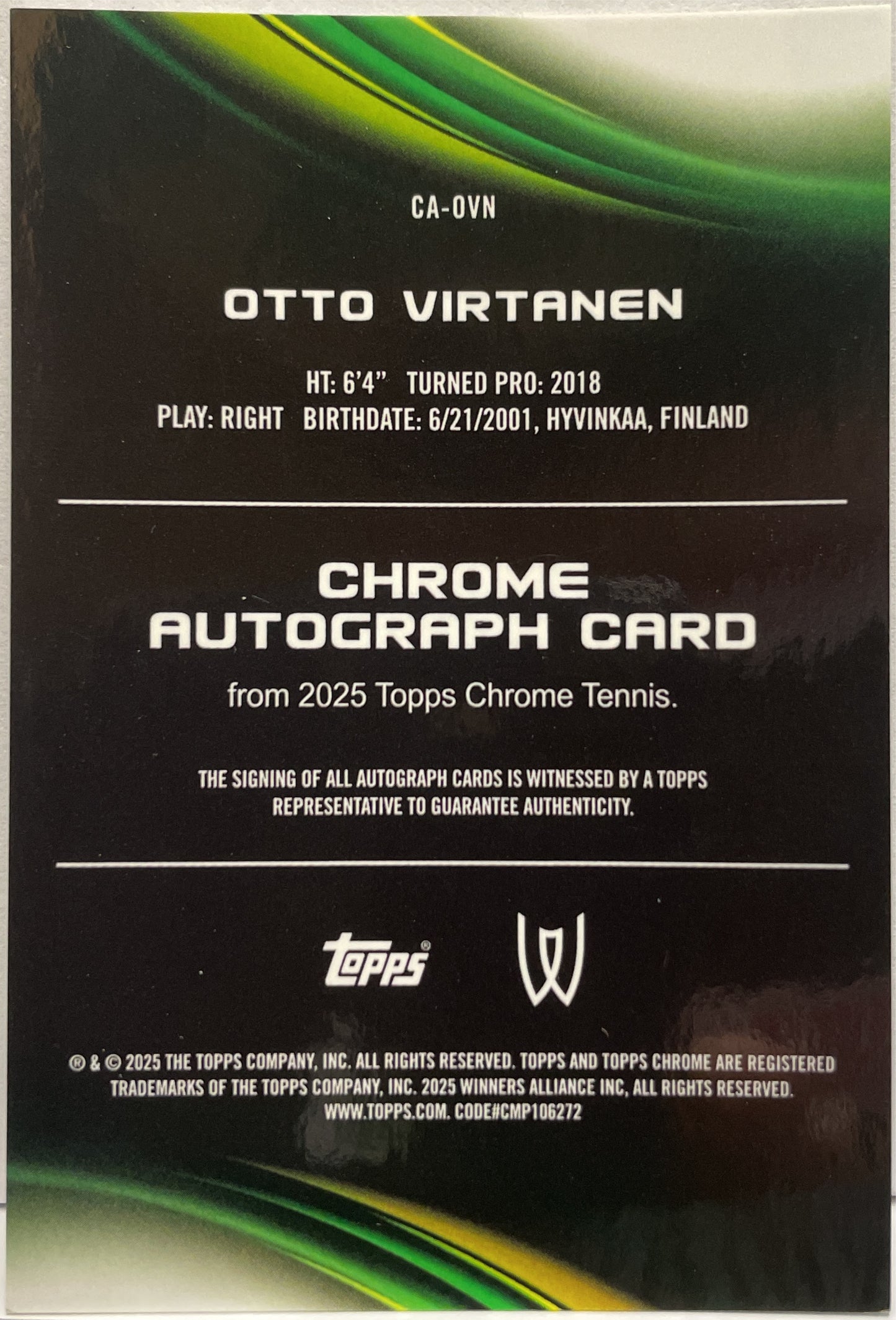 Otto Virtanen 112/150 Autograph Blue Geometric Topps Chrome Tennis 2025