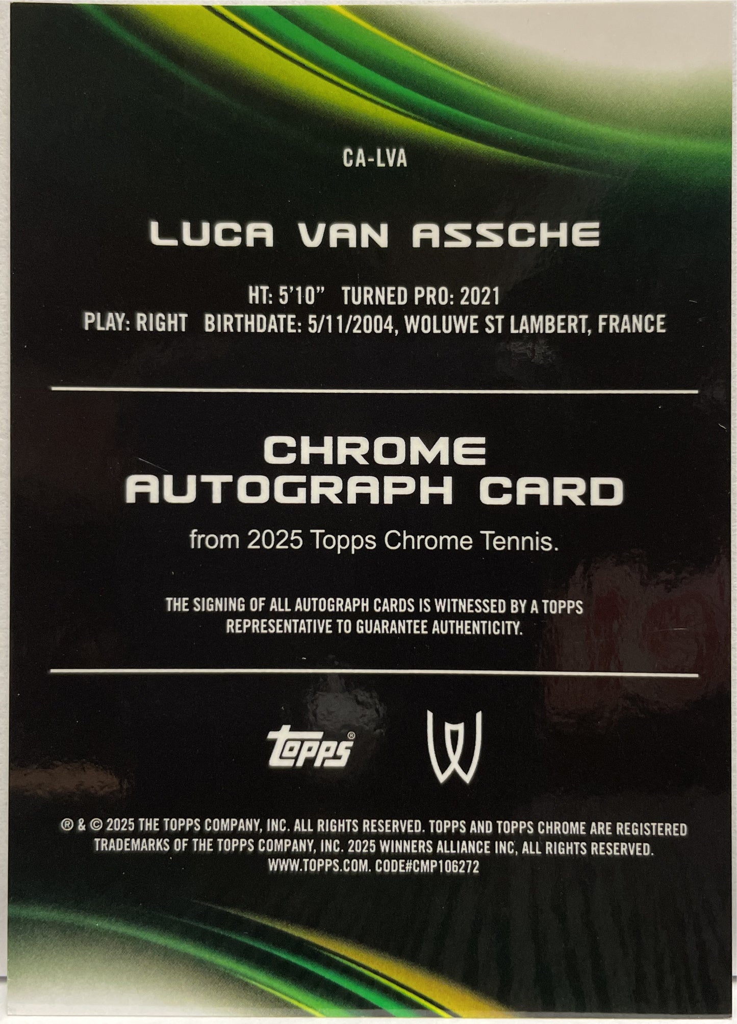 Luca Van Assche 94/150 Autograph Blue Geometric Topps Chrome Tennis 2025
