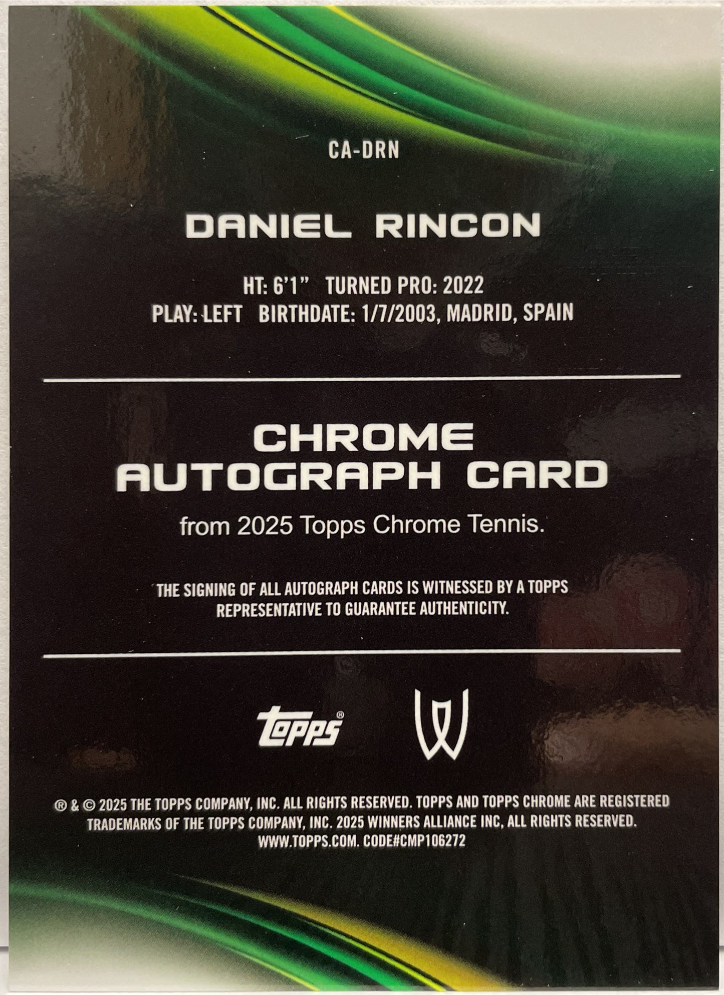 Daniel Rincon 97/150 Autograph Blue Topps Chrome Tennis 2025
