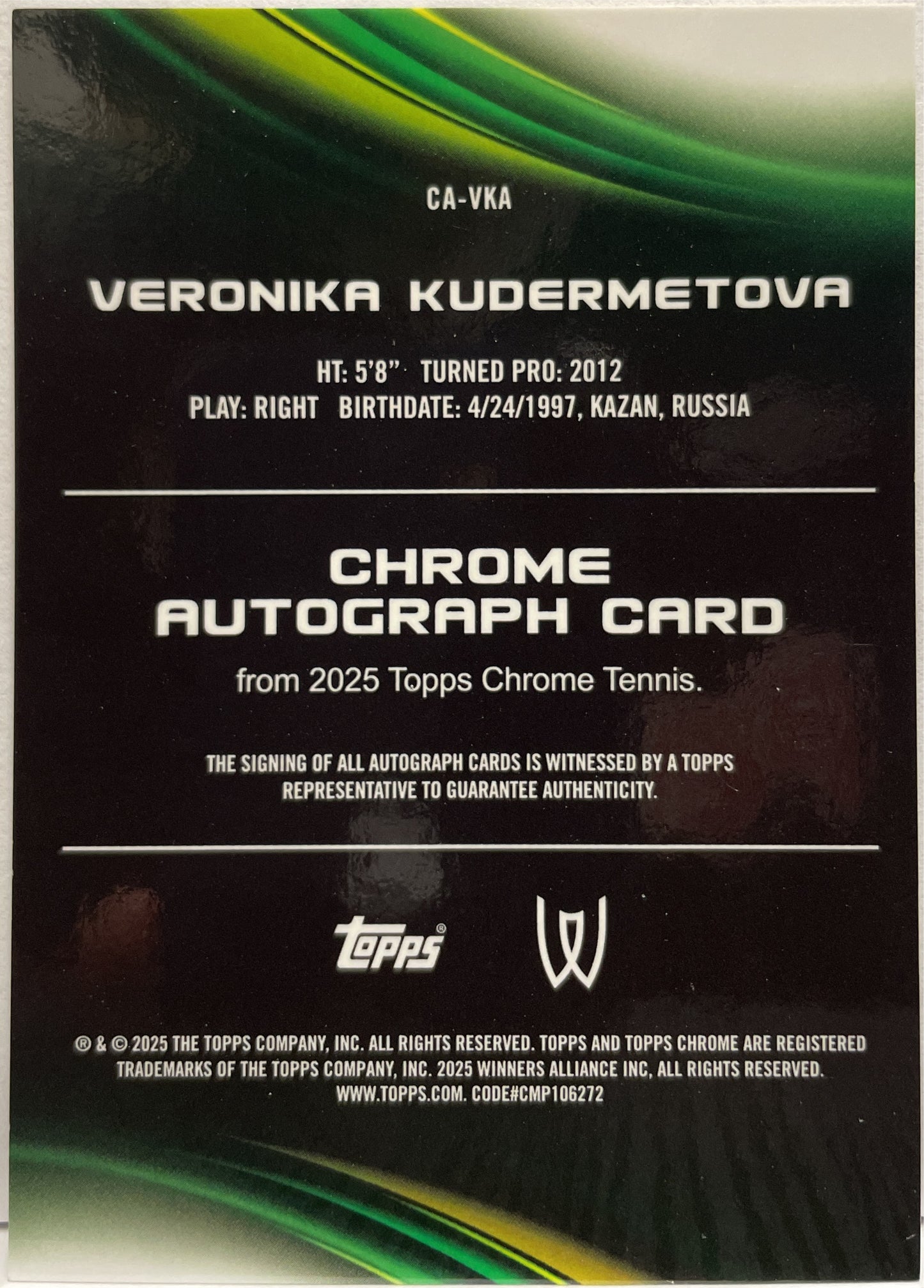 Veronika Kudermetova 10/10 Autograph Black Topps Chrome Tennis 2025