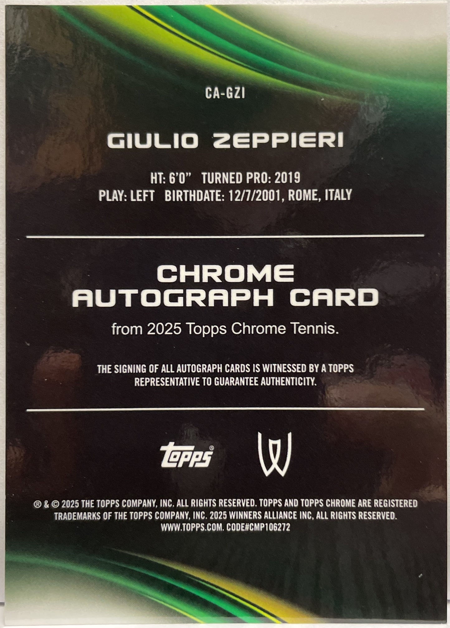 Giulio Zeppieri 10/50 Autograph Gold Topps Chrome Tennis 2025