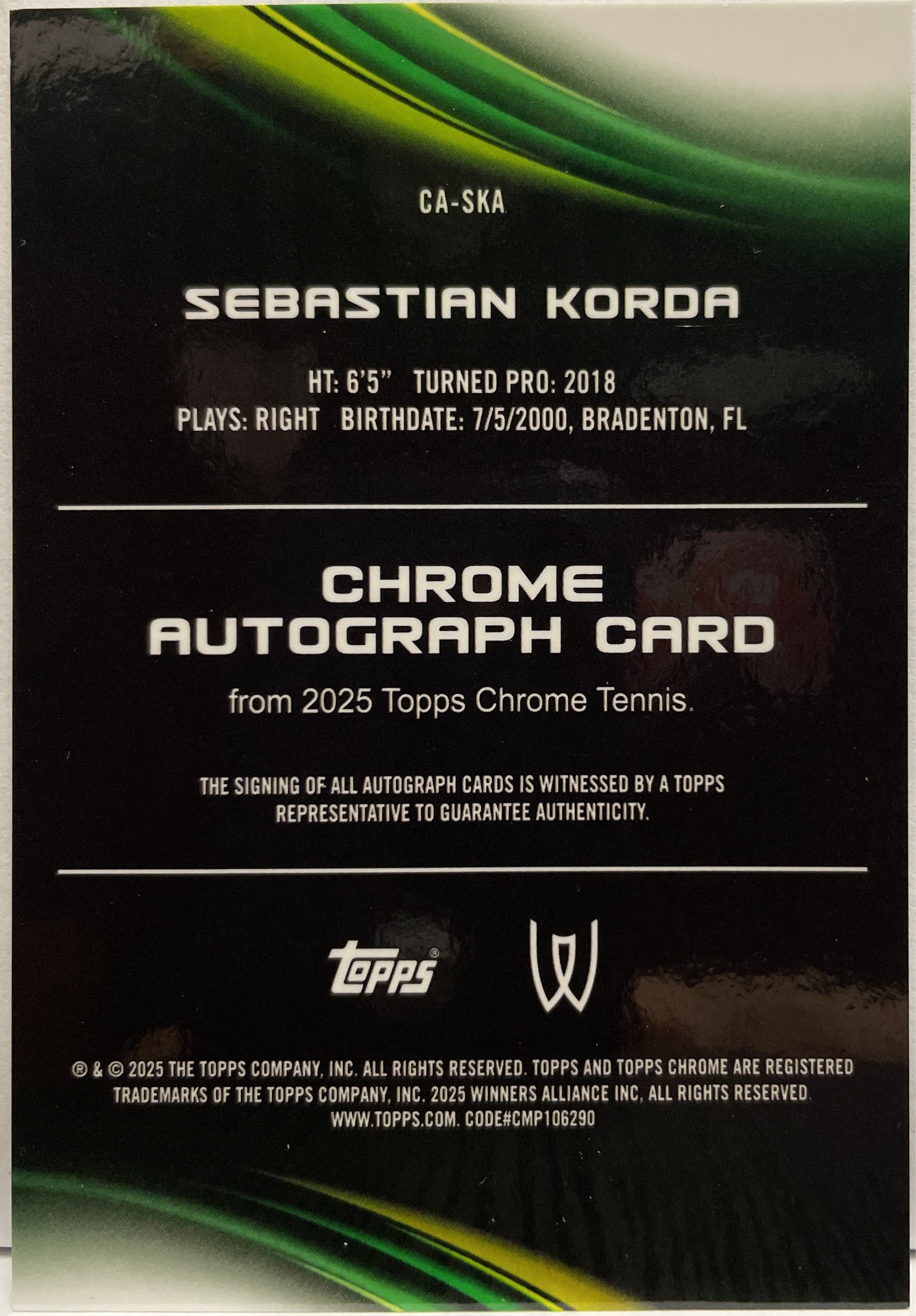 Sebastian Korda 11/50 Autograph Gold Topps Chrome Tennis 2025