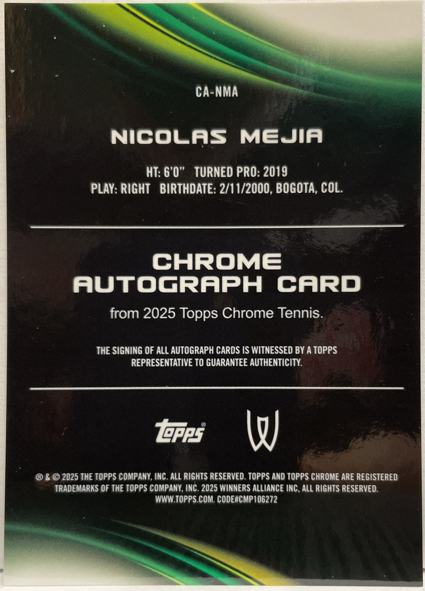Nicolas Mejia 24/50 Autograph Gold Topps Chrome Tennis 2025