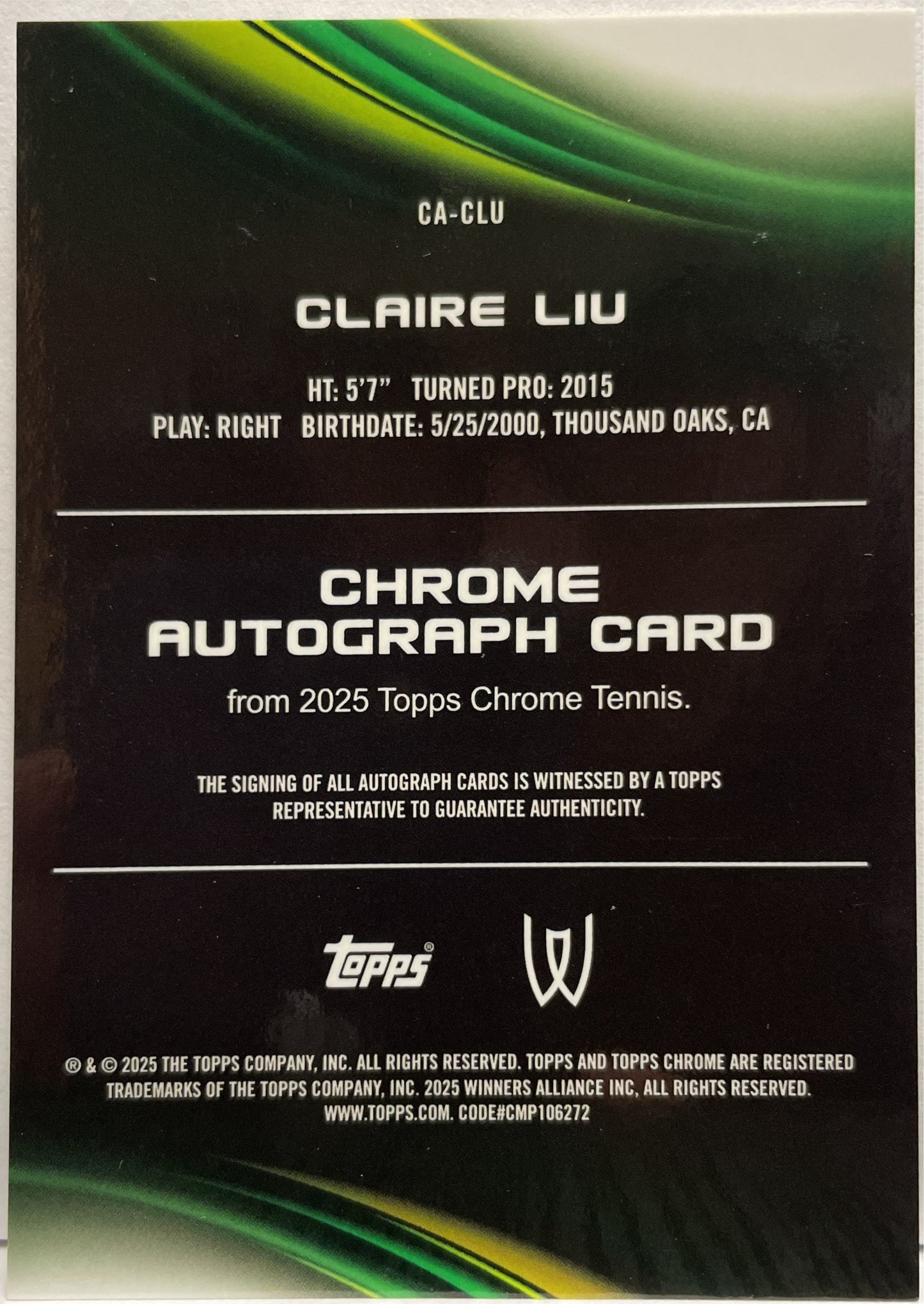 Claire Liu 61/150 Autograph Blue Topps Chrome Tennis 2025