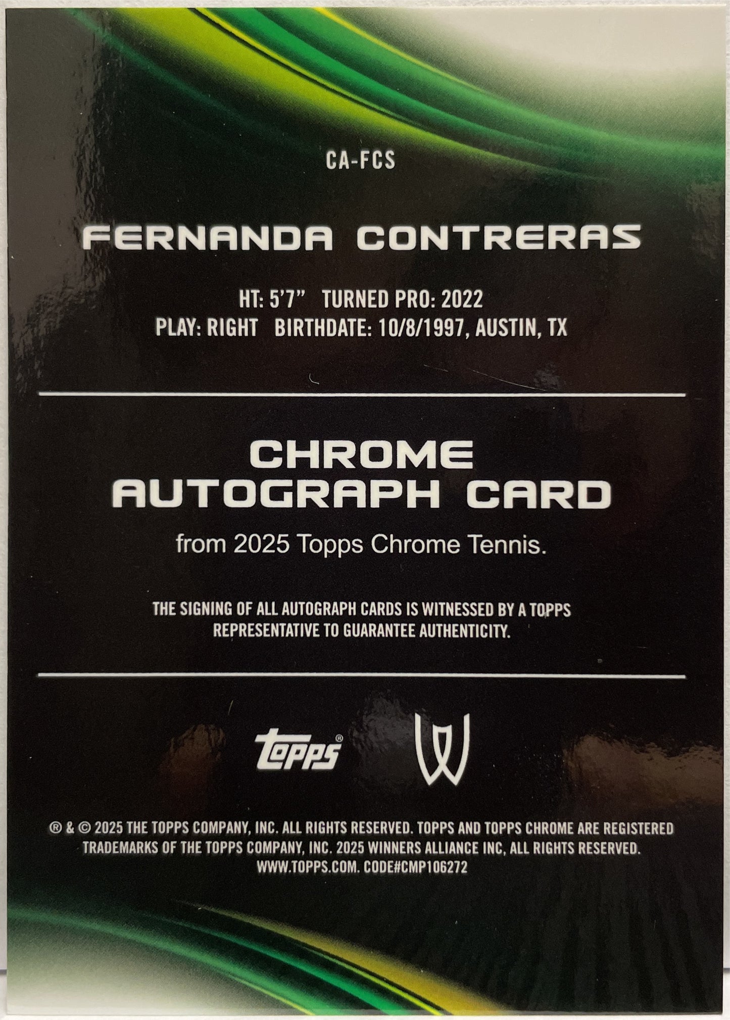 Fernanda Contreras 88/99 Autograph Green Topps Chrome Tennis 2025