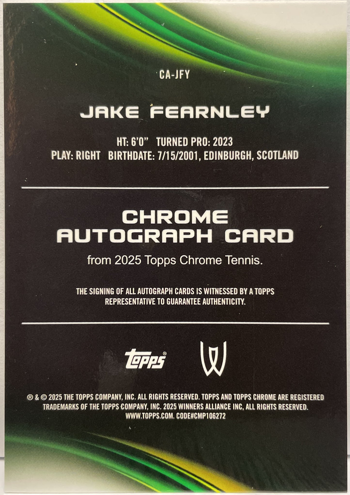 Jake Fearnley Rookie Autograph Topps Chrome Tennis 2025