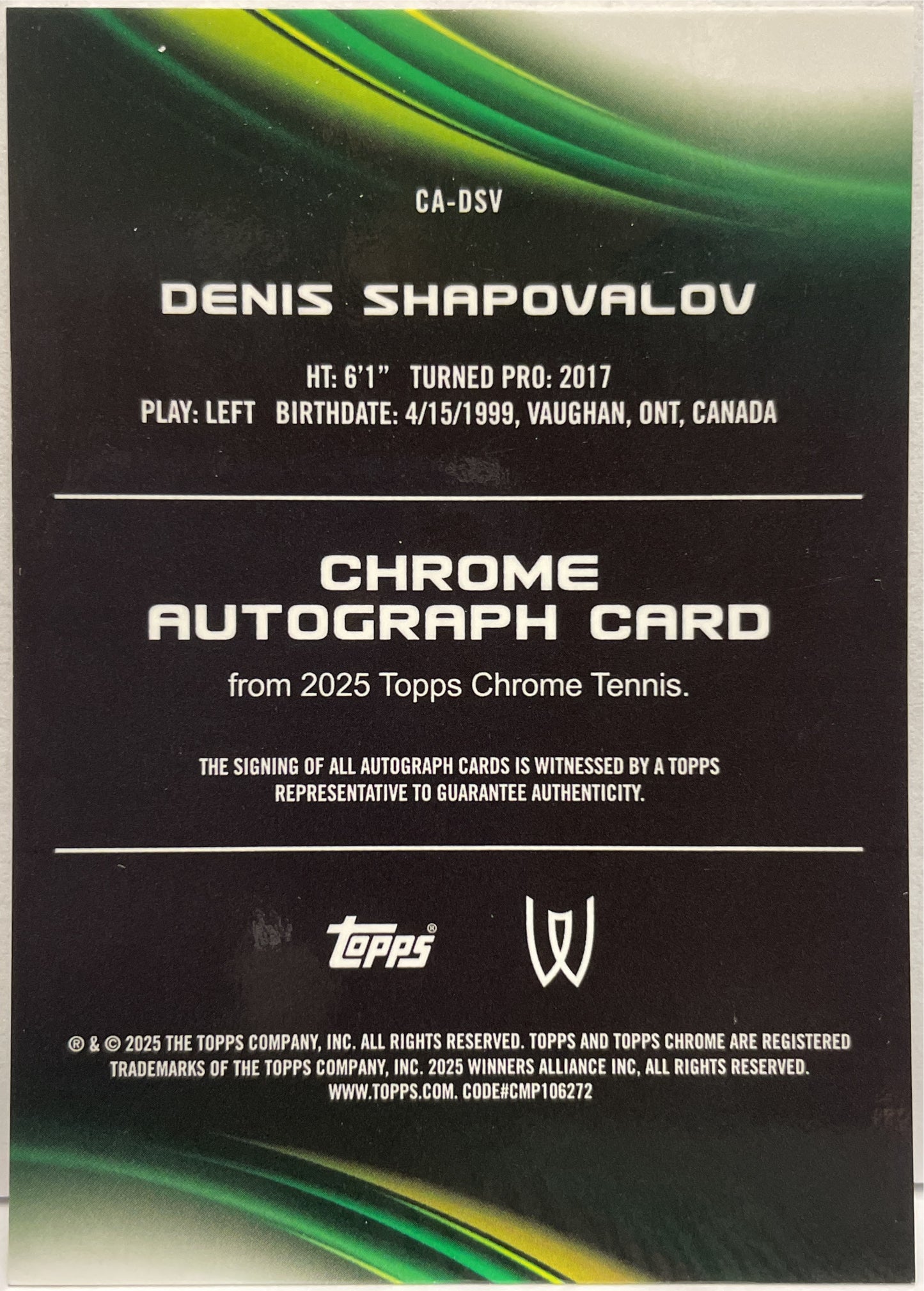 Denis Shapovalov Autograph Topps Chrome Tennis 2025