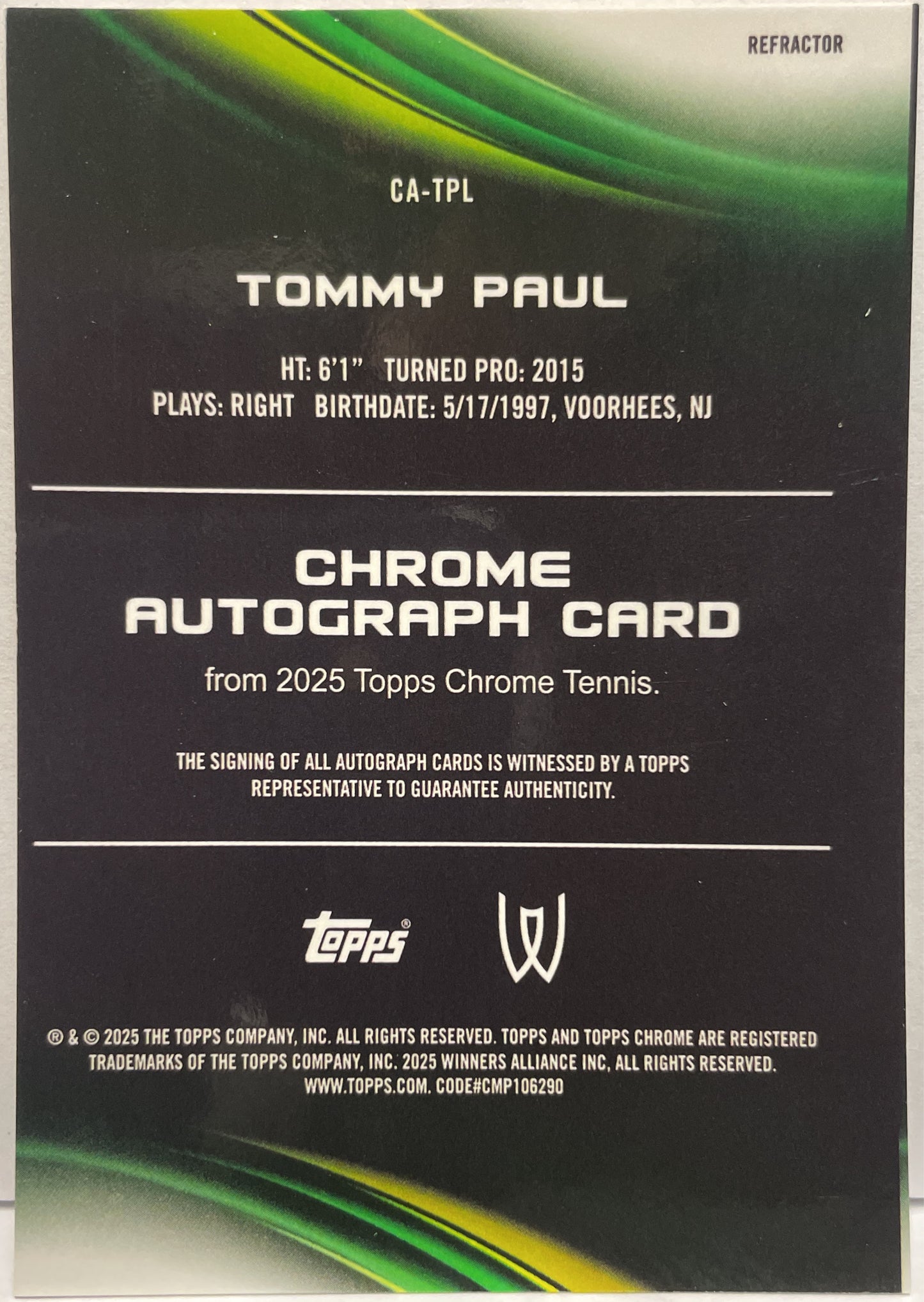 Tommy Paul 39/99 Autograph Topps Chrome Tennis 2025