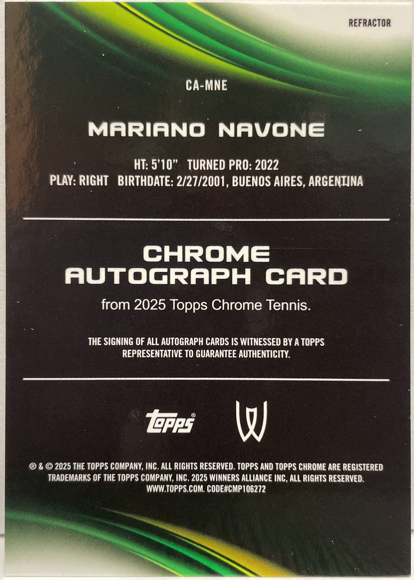 Mariano Navone Rookie Autograph Refractor Topps Chrome Tennis 2025