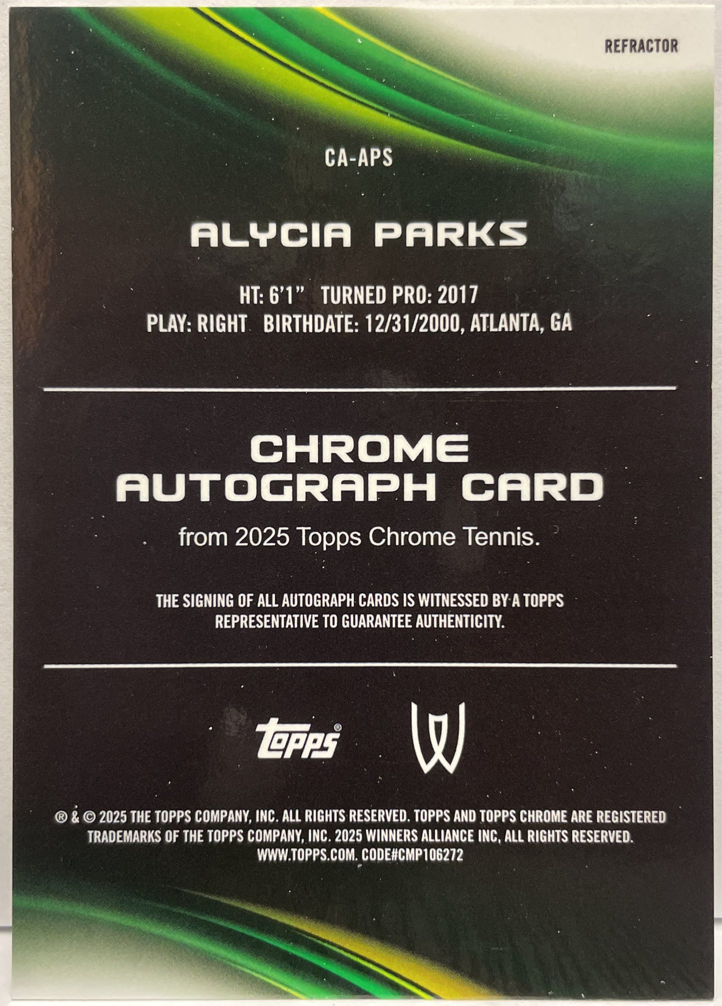 Alycia Parks Rookie Autograph Refractor Topps Chrome Tennis 2025