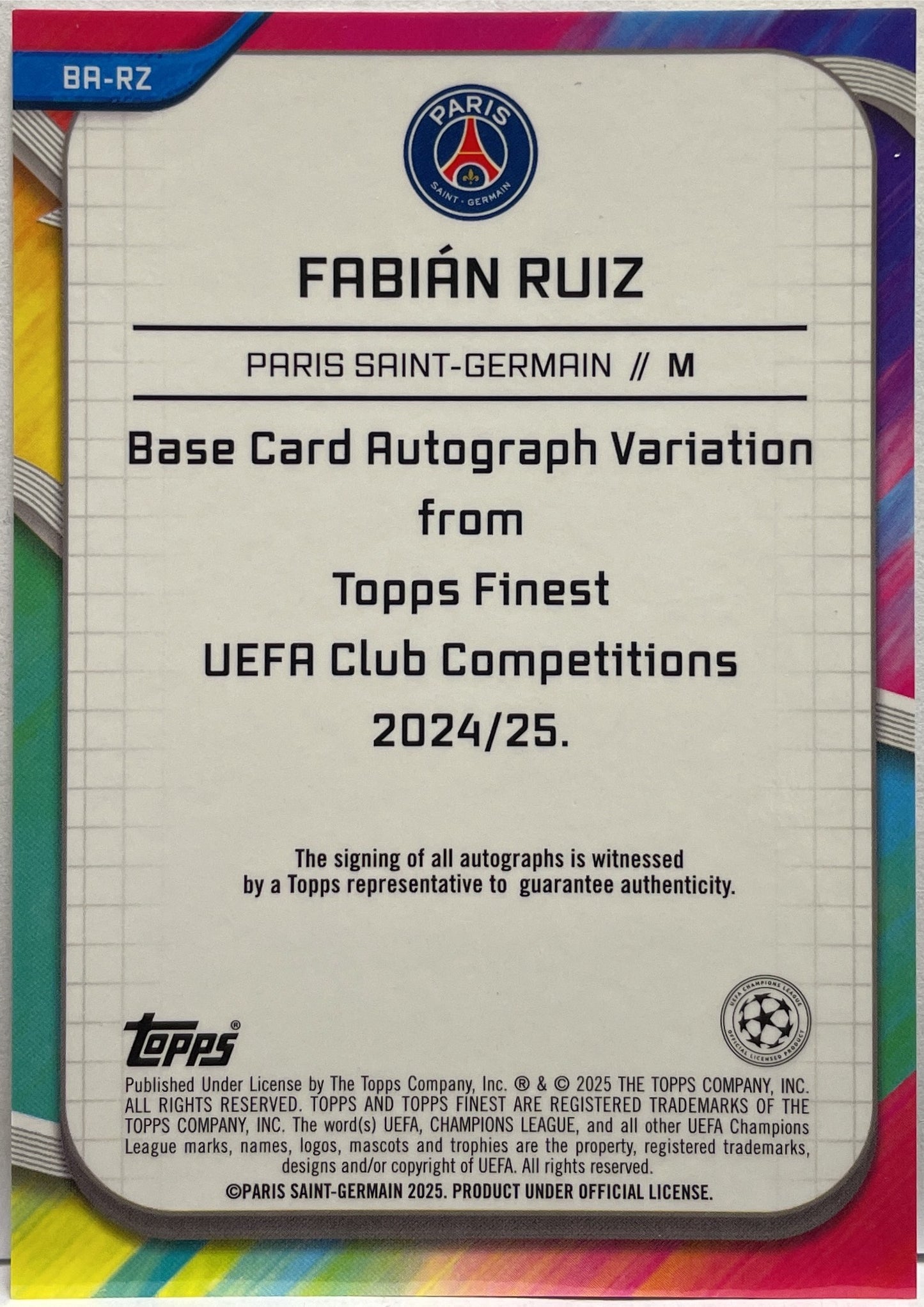 Fabian Ruiz 95/99 Autograph Neon Green Topps Finest UCC 2024/25
