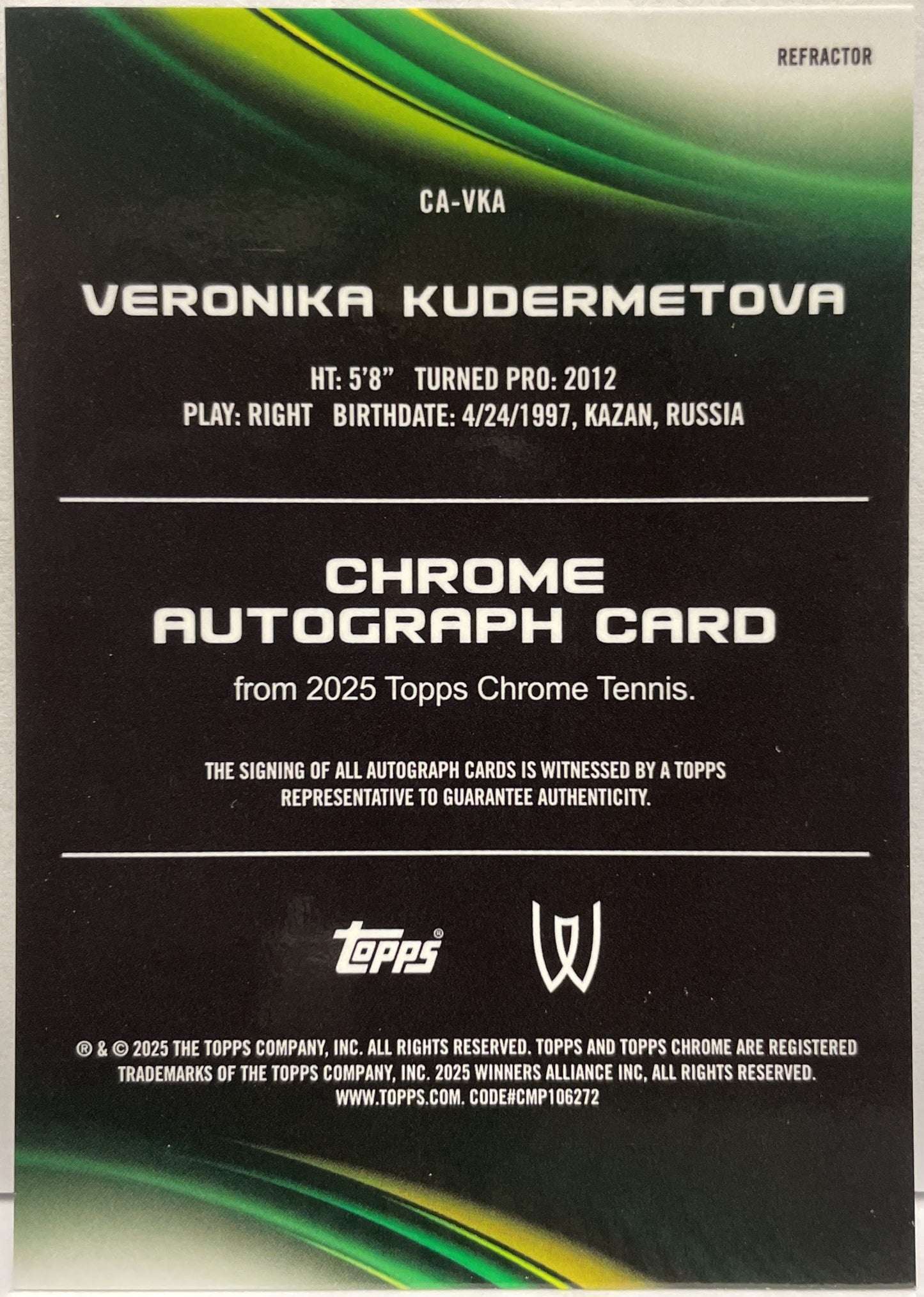 Veronika Kudermetova Autograph Refractor Topps Chrome Tennis 2025