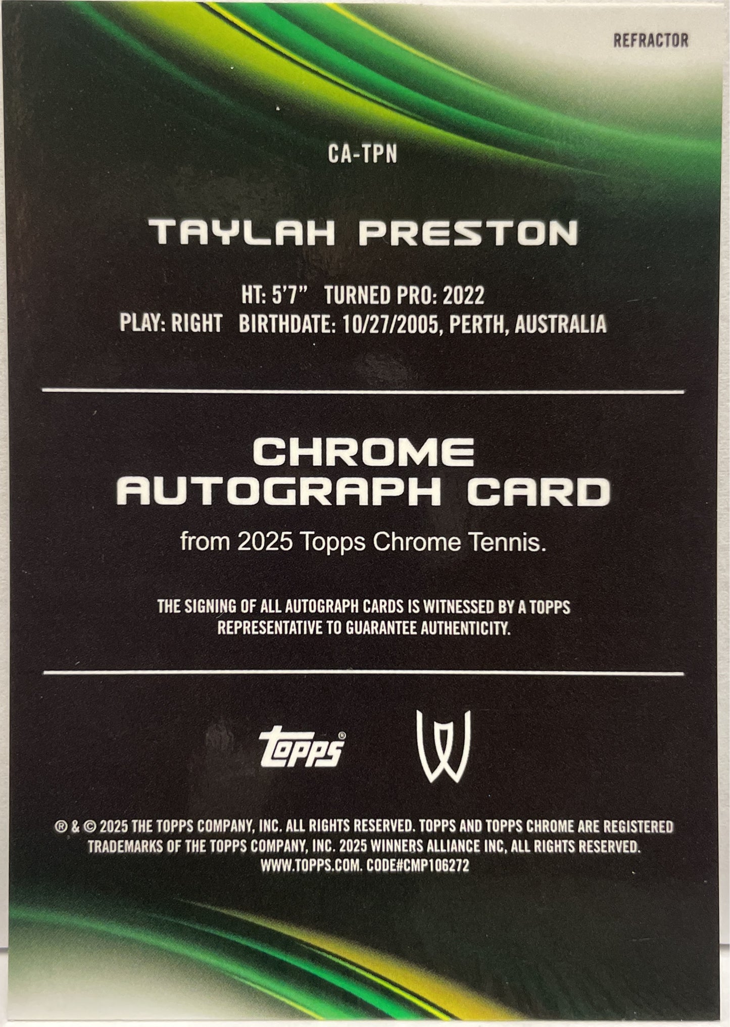 Taylah Preston Autograph Refractor Topps Chrome Tennis 2025