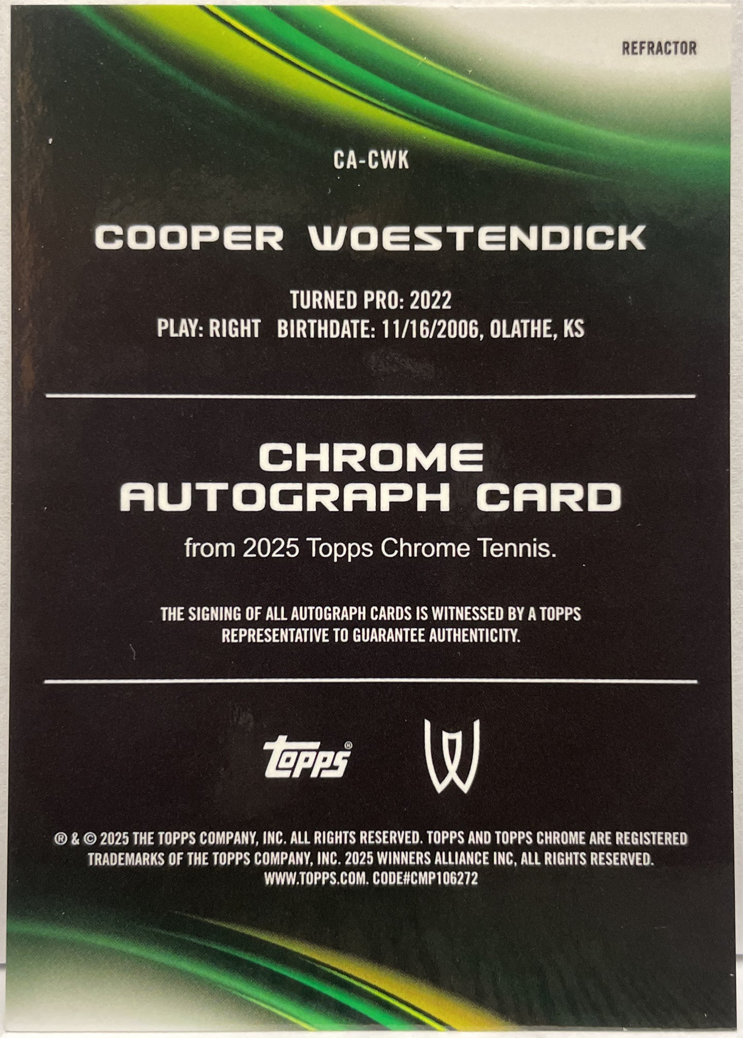 Cooper Woestendick Autograph Refractor Topps Chrome Tennis 2025