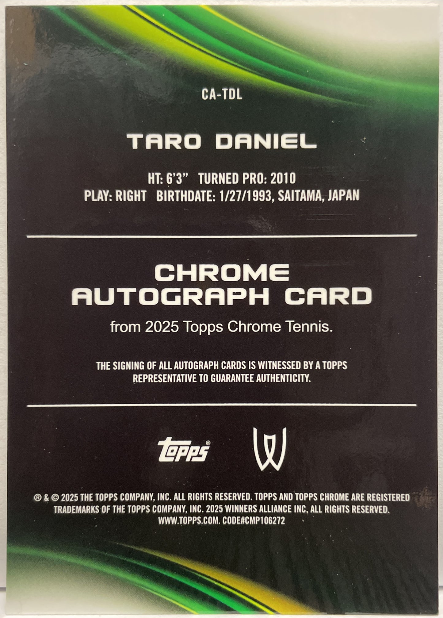 Taro Daniel 18/99 Autograph Green Topps Chrome Tennis 2025