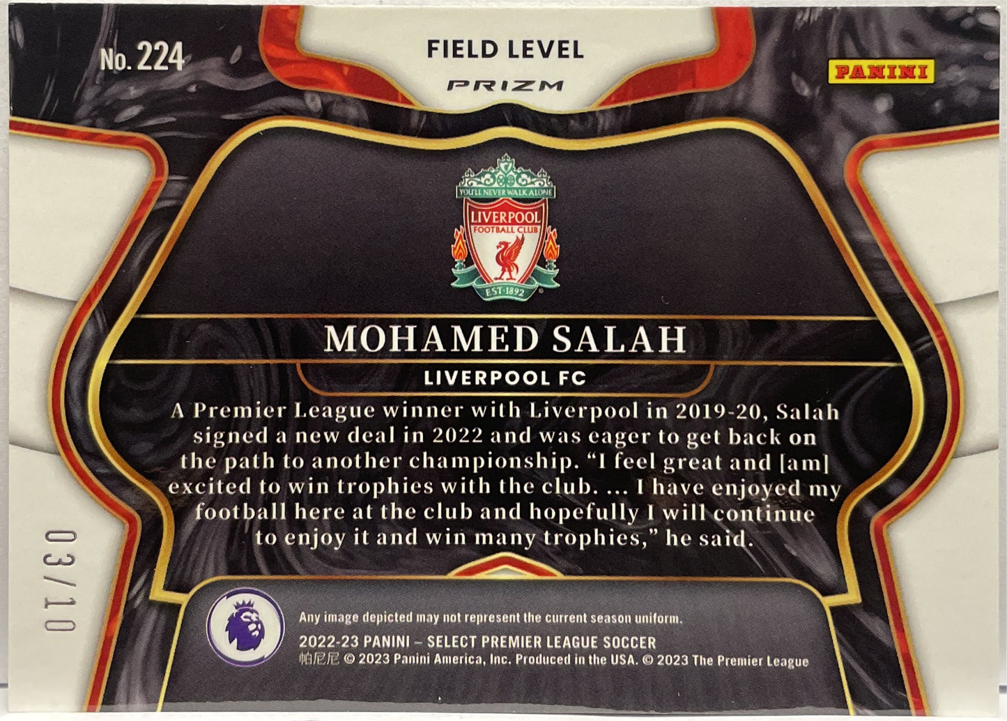Mohamed Salah 3/10 Field Level Gold Wave Panini Select Premier League 2022/23