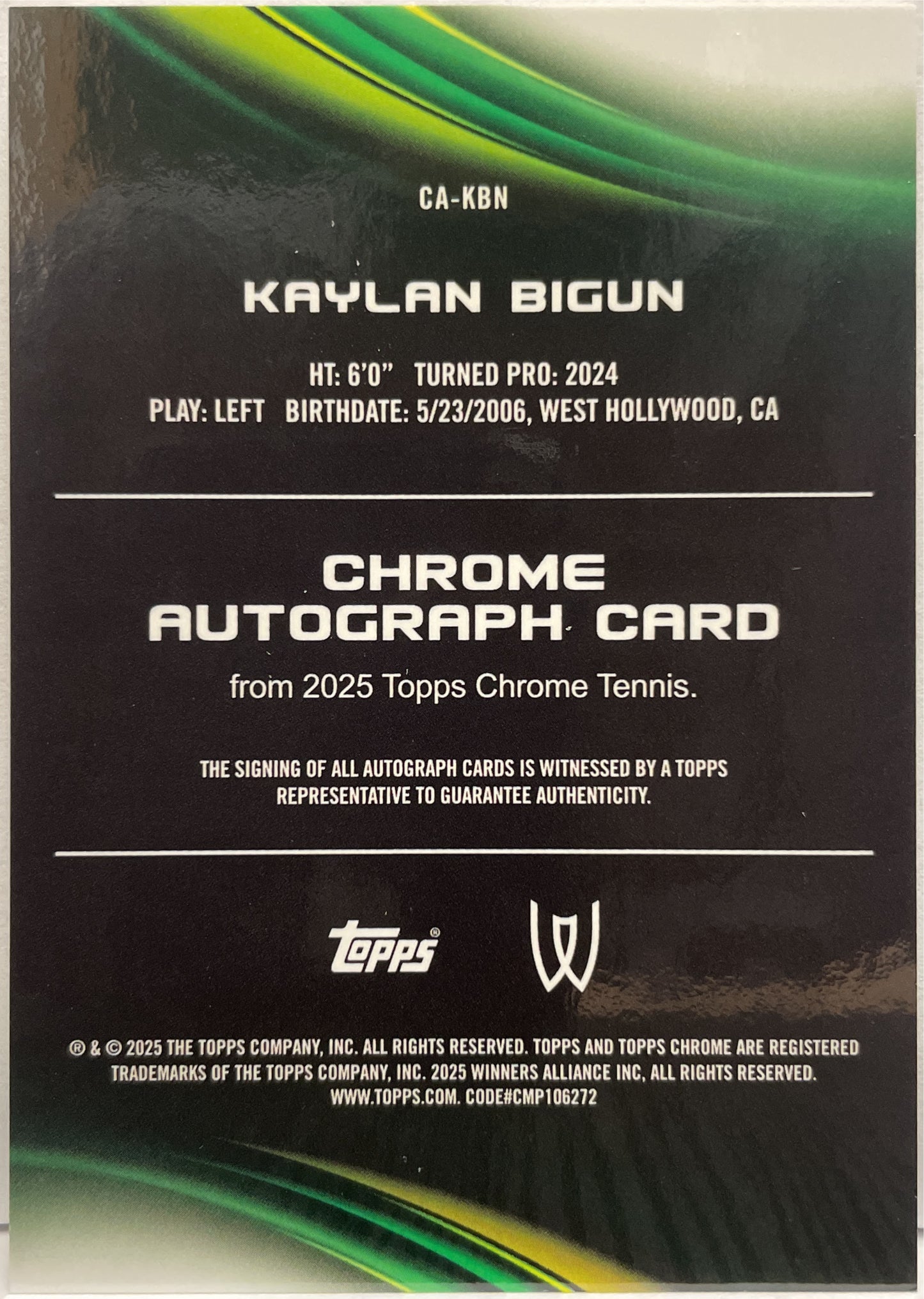 Kaylan Bigun Rookie Autograph Topps Chrome Tennis 2025