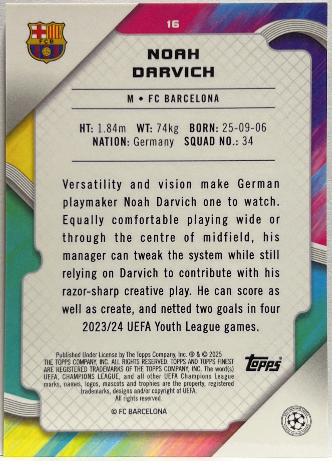 Noah Darwich 26/50 Rookie Gold Topps Finest UCC 2024/25