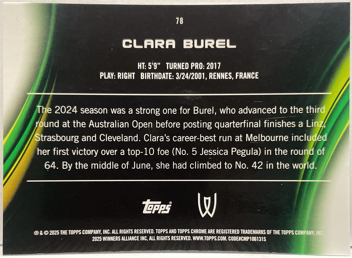 Clara Burel 117/199 1ST Aqua Topps Chrome Tennis 2025