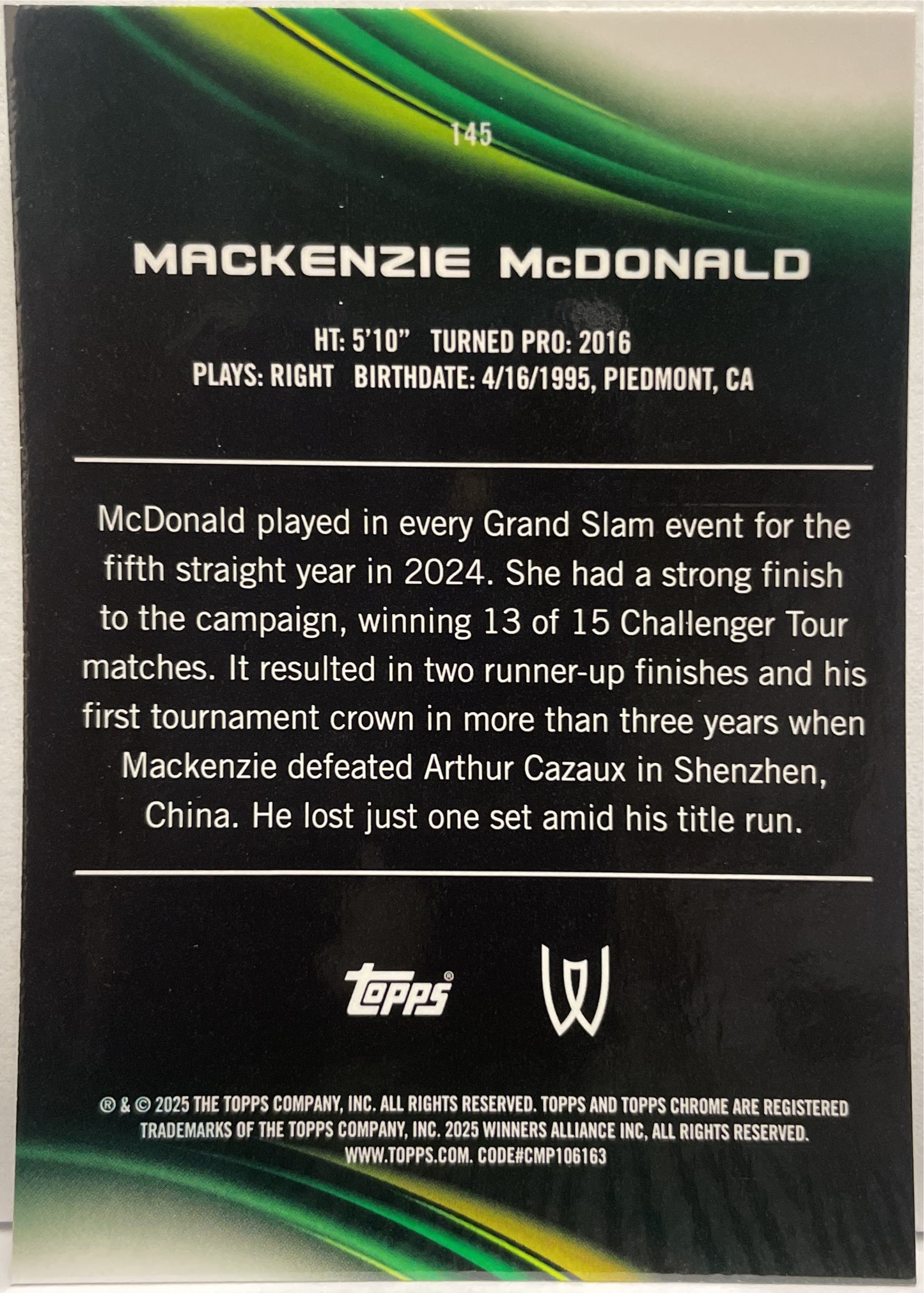 Mackenzie McDonald 38/99 Green Topps Chrome Tennis 2025