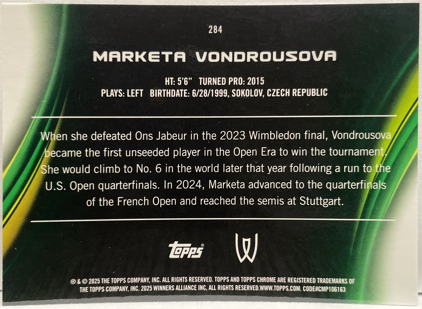 Marketa Vondrousova 19/99 Green Topps Chrome Tennis 2025