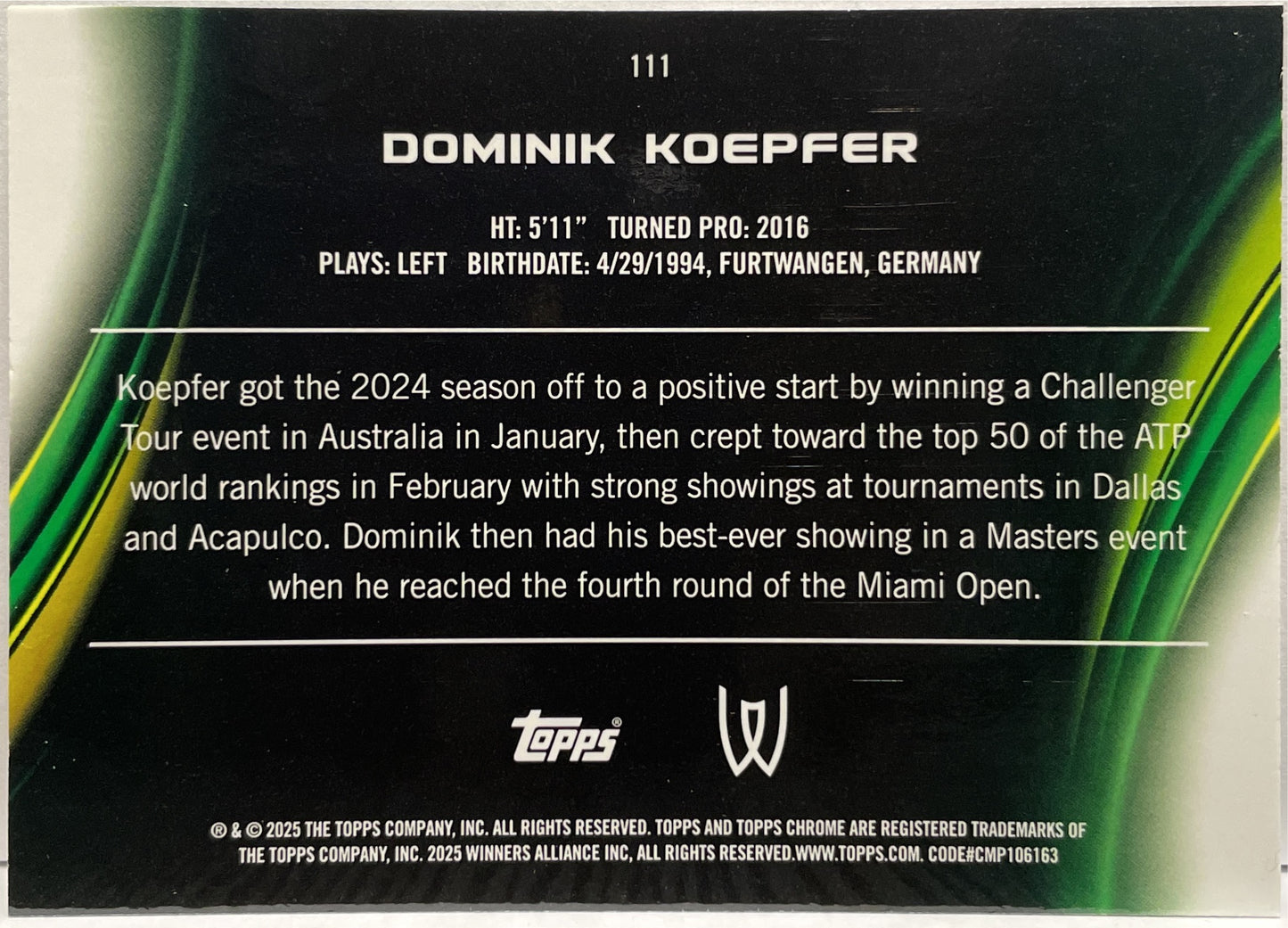 Dominik Koepfer 8/99 Green Topps Chrome Tennis 2025