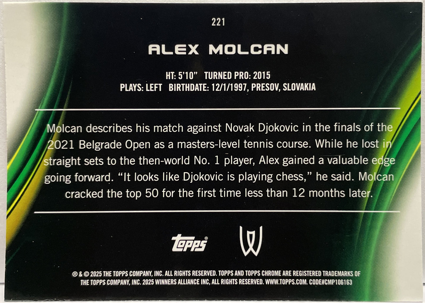 Alex Molcan 52/99 Green Topps Chrome Tennis 2025