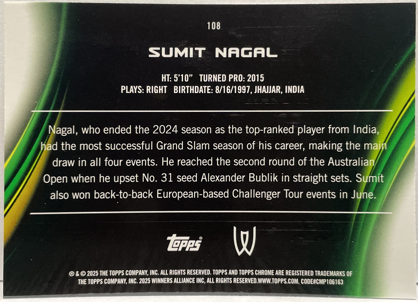 Sumit Nagal 89/99 Green Topps Chrome Tennis 2025