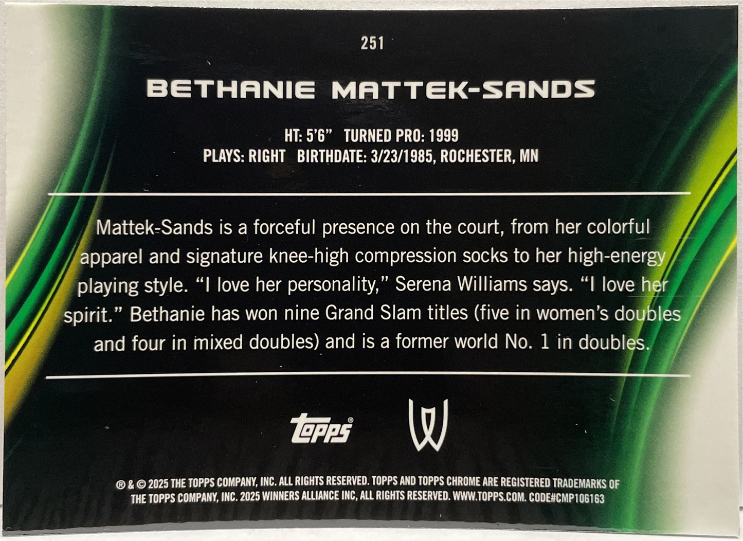 Bethanie Mattek Sands 45/99 Green Topps Chrome Tennis 2025