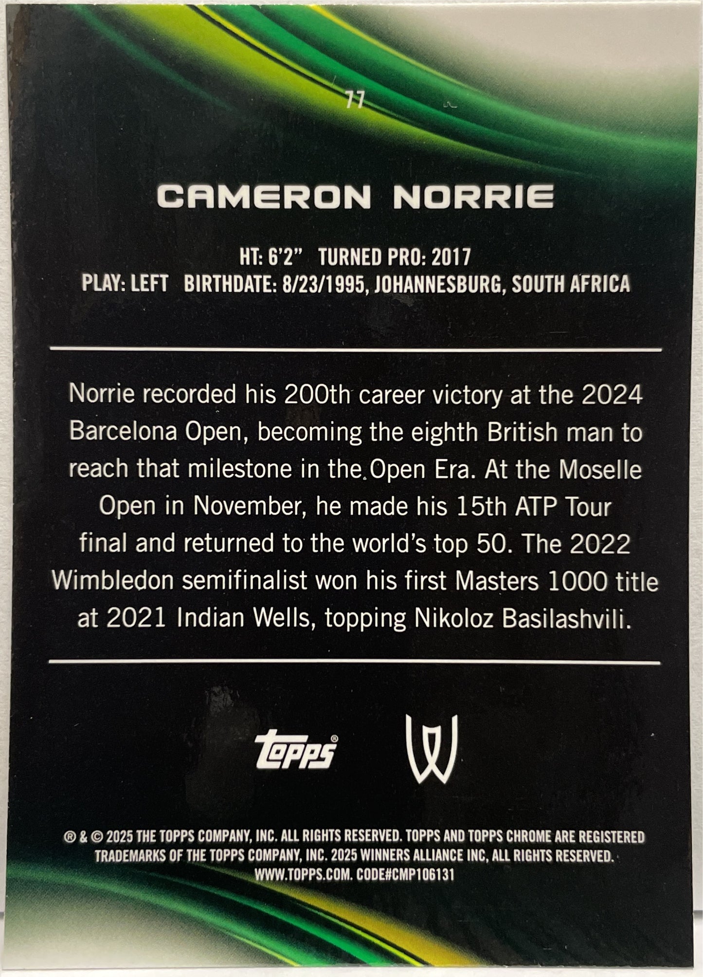 Cameron Norrie 89/99 Green Topps Chrome Tennis 2025