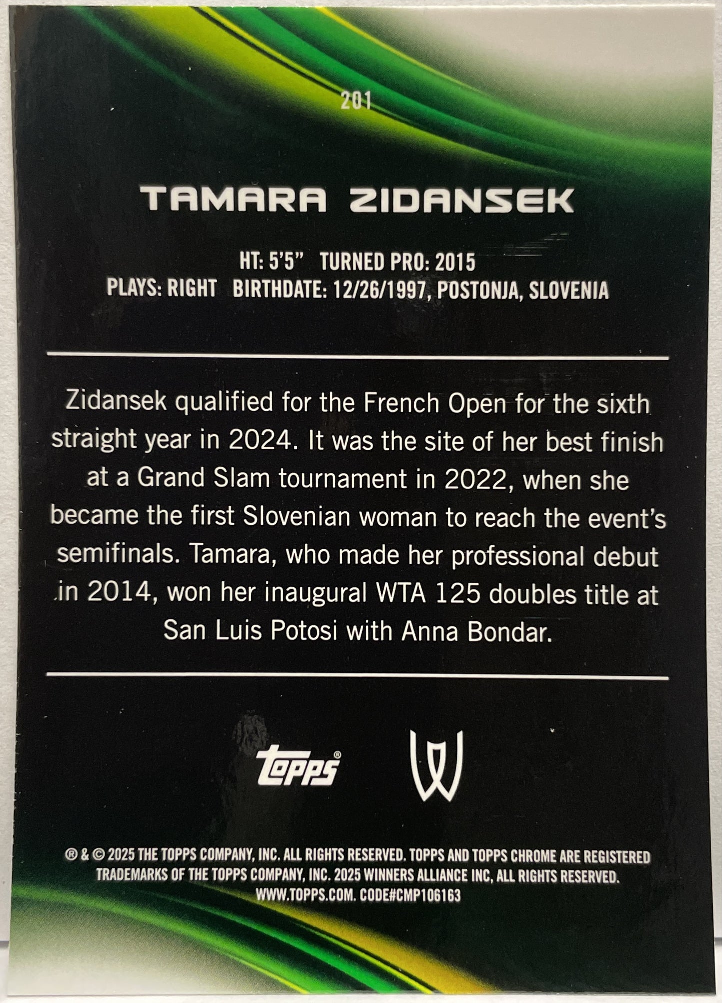 Tamara Zidansek 71/99 Green Topps Chrome Tennis 2025