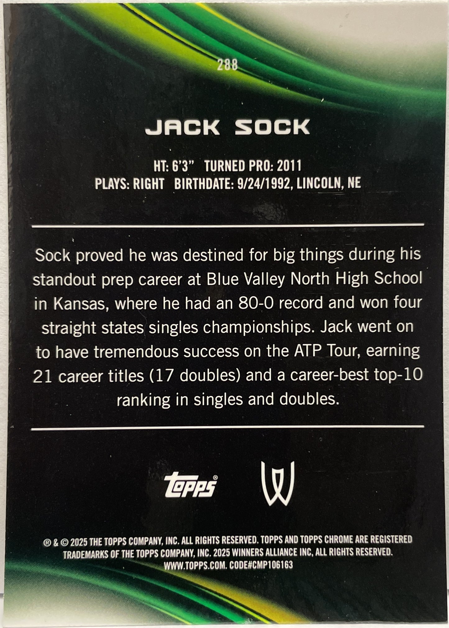 Jack Sock 31/99 Green Topps Chrome Tennis 2025