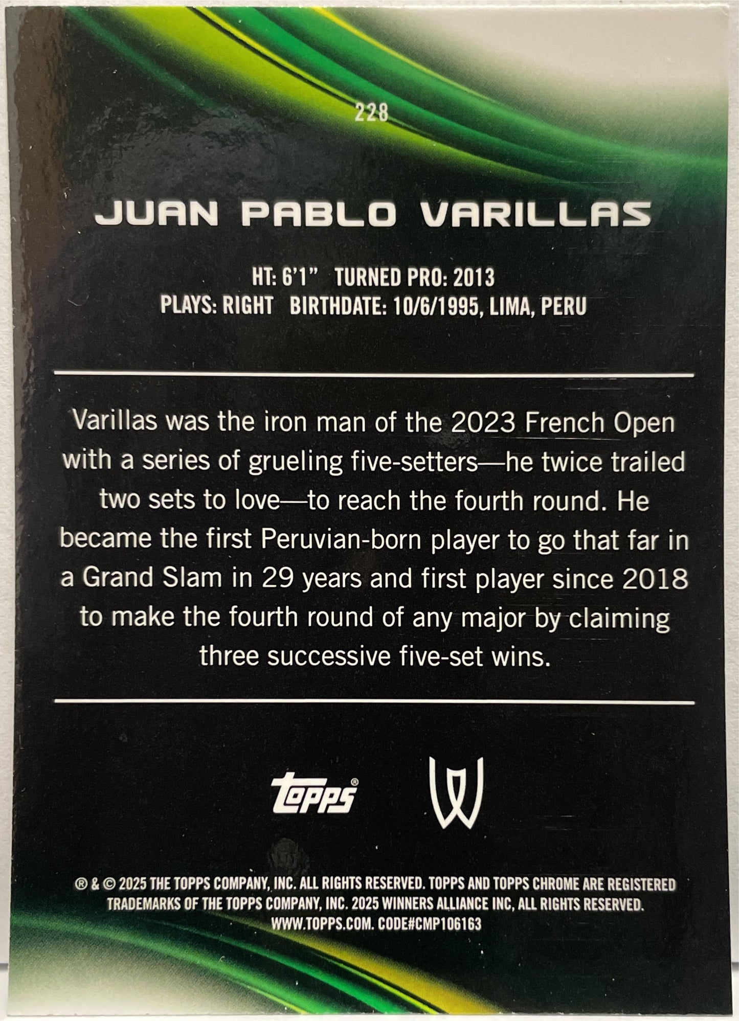 Juan Pablo Varillas 39/99 Green Topps Chrome Tennis 2025
