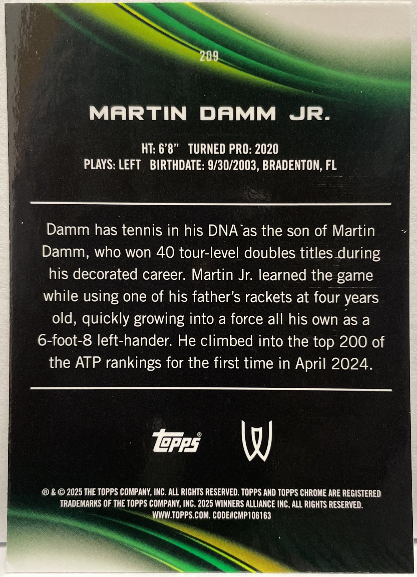 Martin Damm Jr 84/99 Green Topps Chrome Tennis 2025