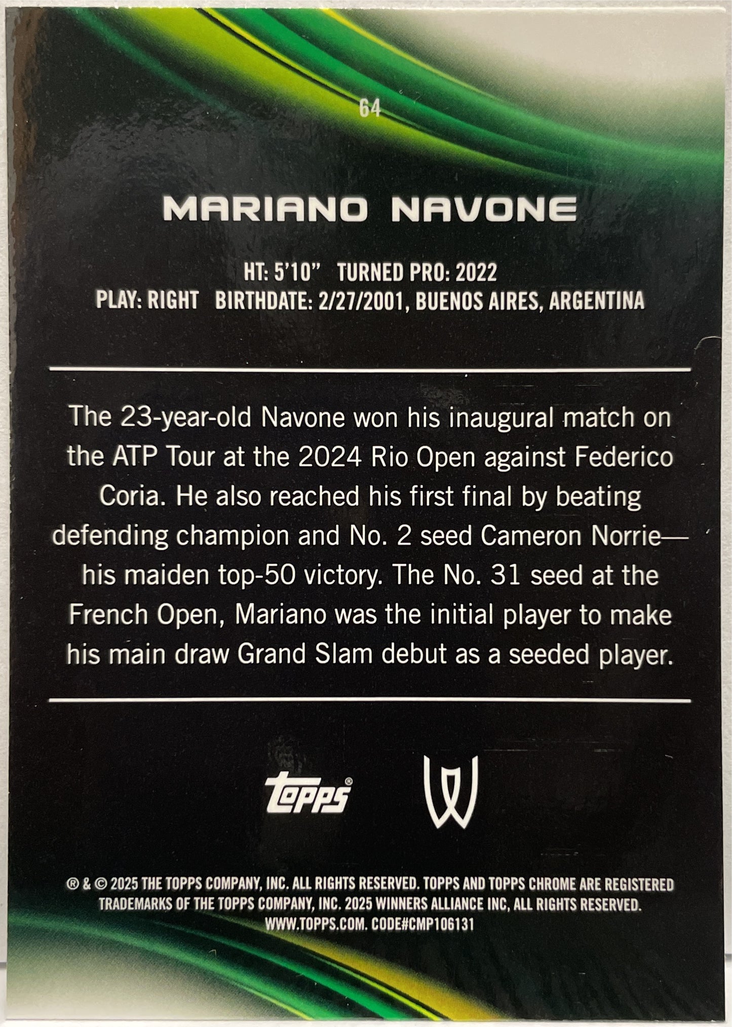 Mariano Navone 60/99 Rookie Green Topps Chrome Tennis 2025