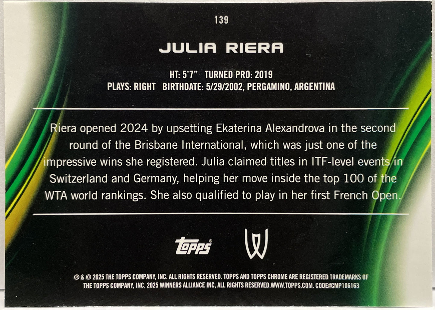 Julia Riera 59/99 Rookie Green Topps Chrome Tennis 2025
